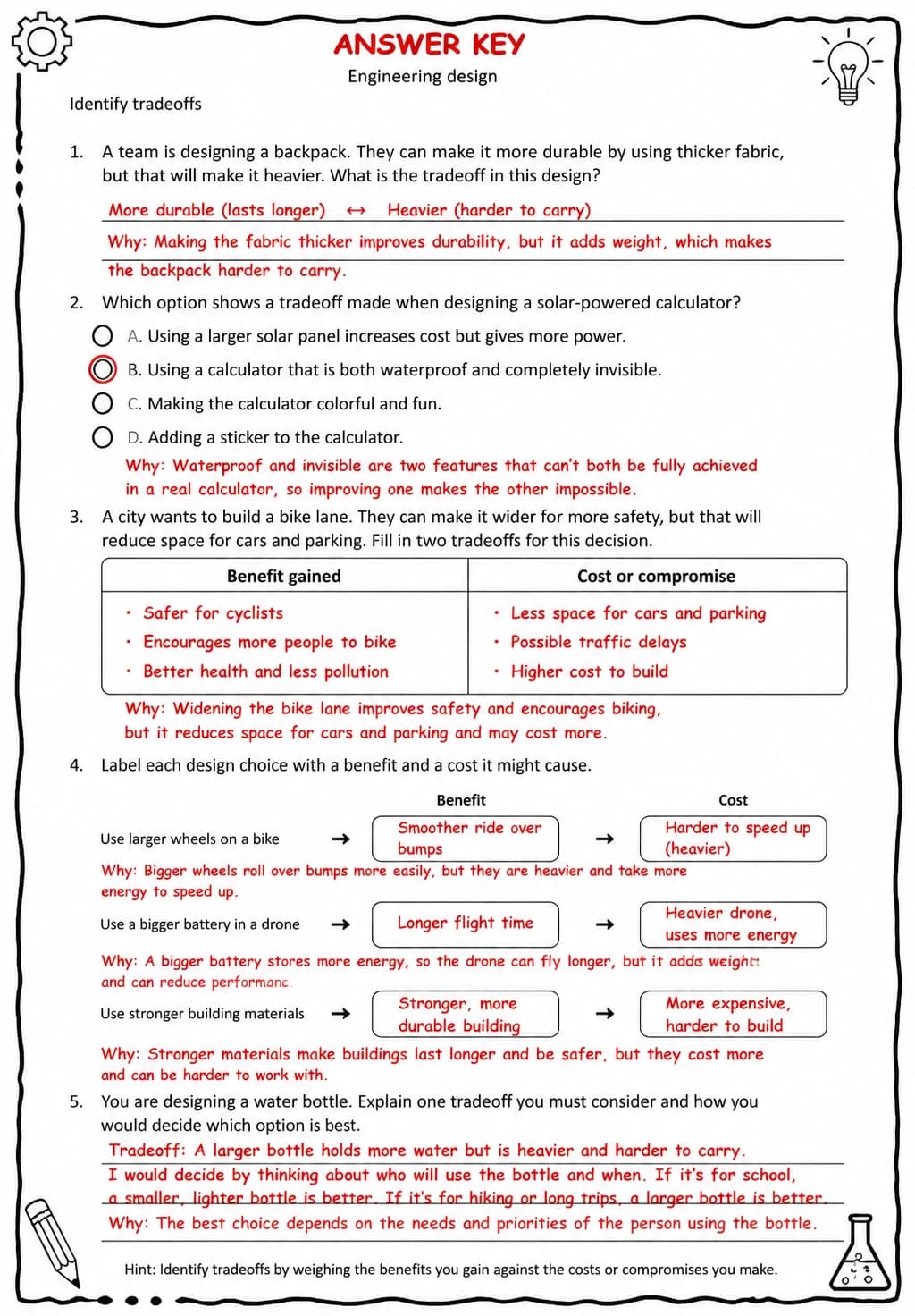 Answer key for Identify tradeoffs — free printable Science worksheet
