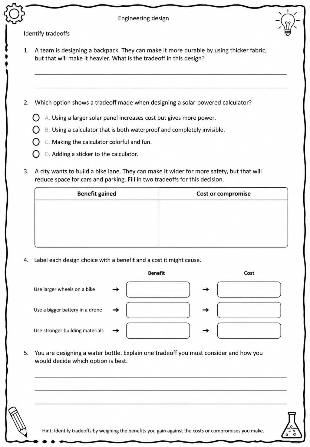 Identify tradeoffs — free printable Middle School Science worksheet