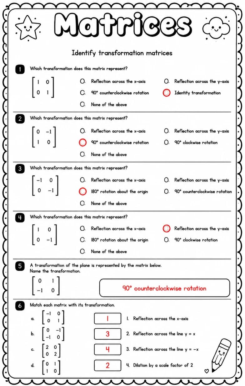 Answer key for Identify transformation matrices — free printable Math worksheet