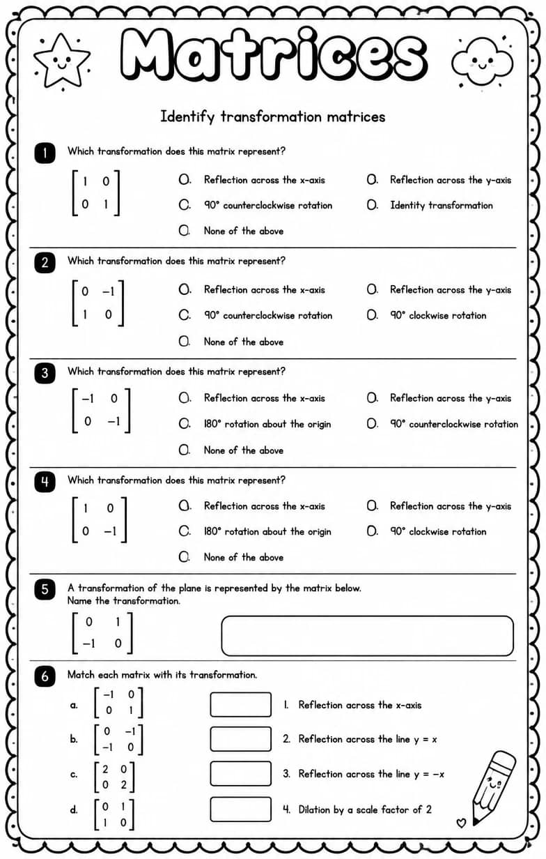 Identify transformation matrices — free printable Algebra 2 math worksheet