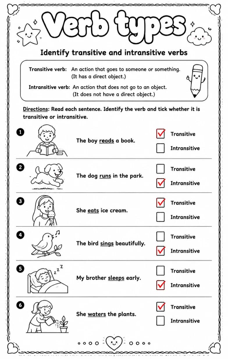 Answer key for Identify transitive and intransitive verbs — free printable English & Reading worksheet