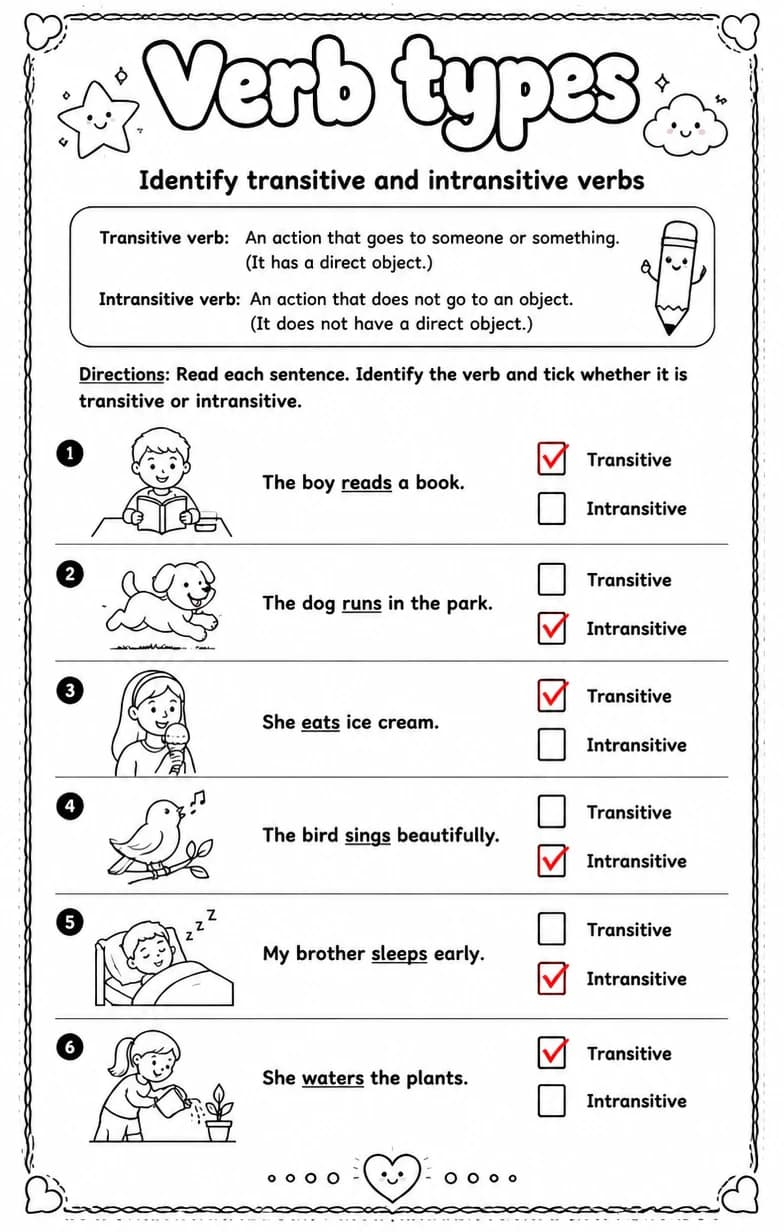 Answer key for Identify transitive and intransitive verbs — free printable English & Reading worksheet