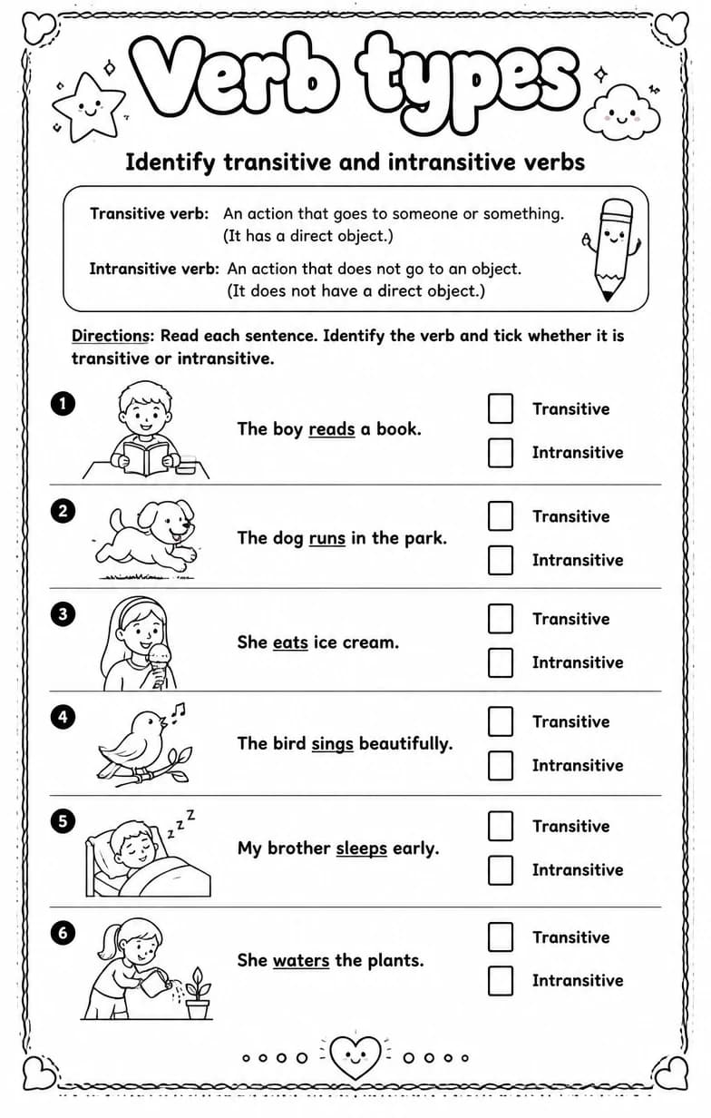 Identify transitive and intransitive verbs — free printable Grammar and mechanics English worksheet