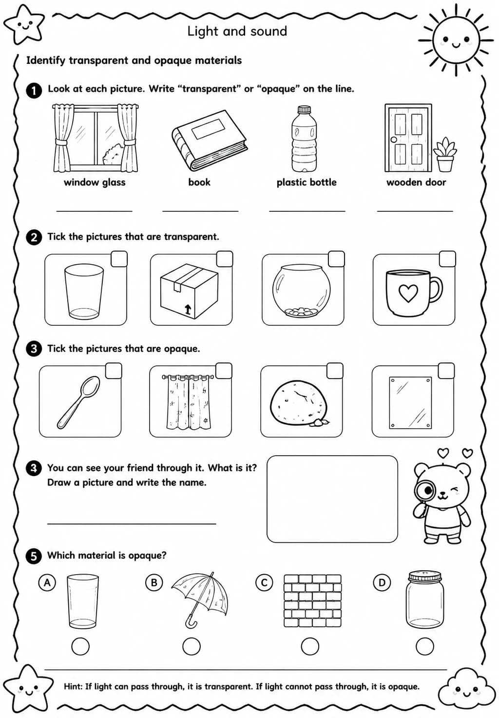 Identify transparent and opaque materials — free printable Grade 1 Science worksheet