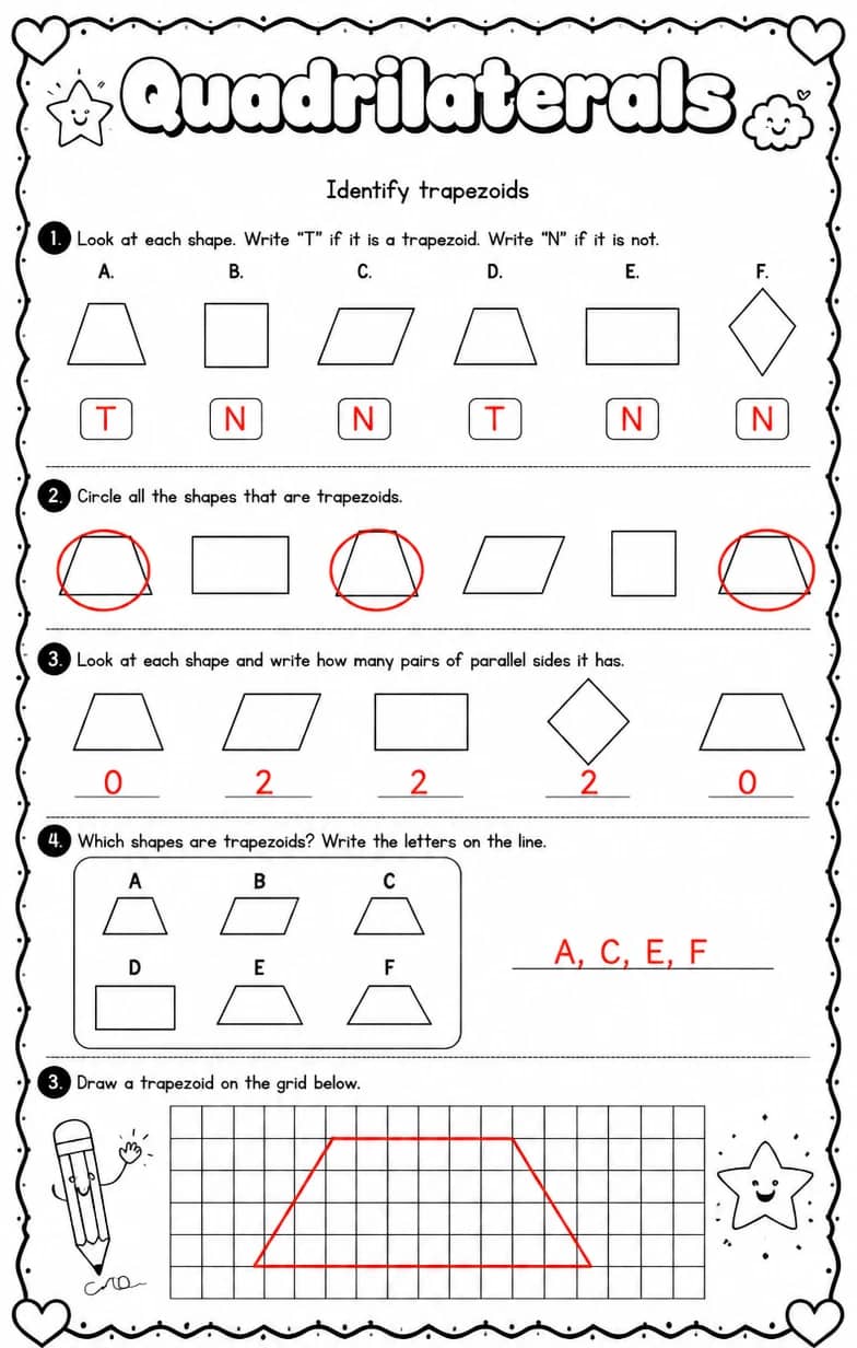 Answer key for Identify trapezoids — free printable Math worksheet