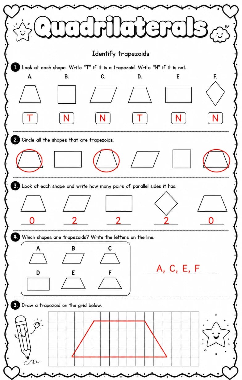 Answer key for Identify trapezoids — free printable Math worksheet