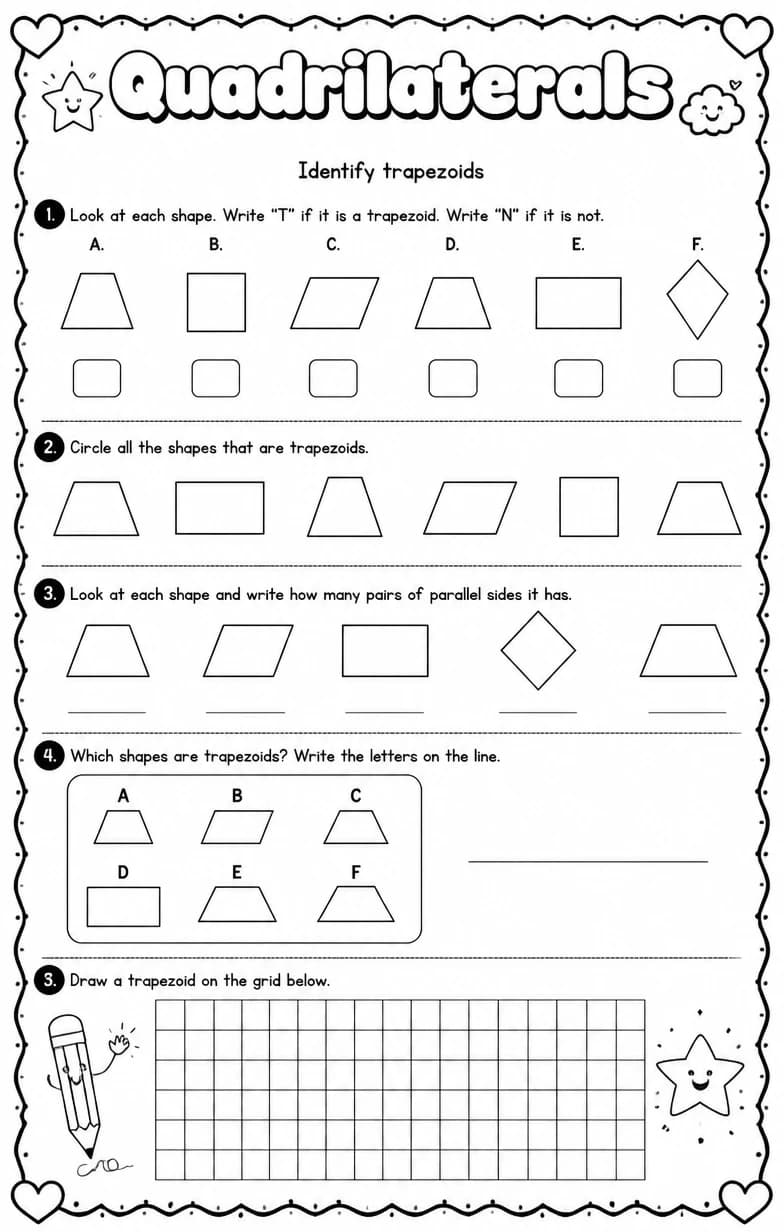 Identify trapezoids — free printable Grade 4 Math worksheet