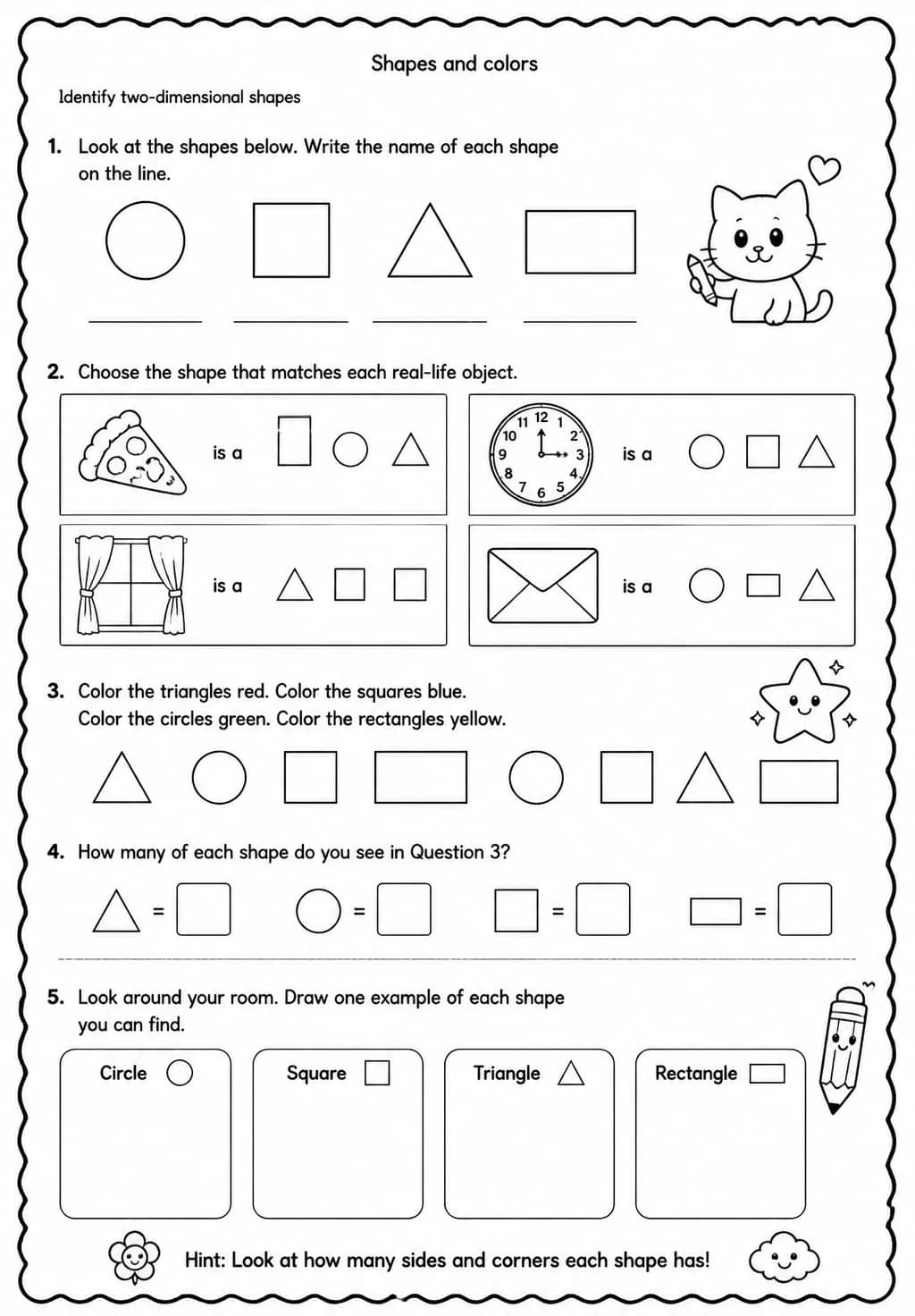Identify two-dimensional shapes — free printable Grade 1 Science worksheet