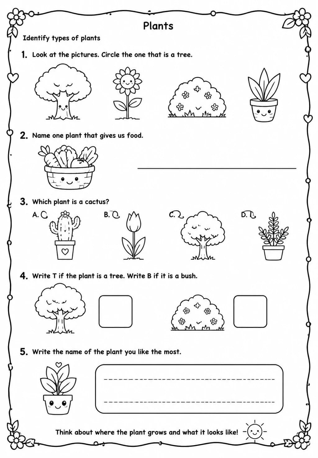 Identify types of plants — free printable Kindergarten Science worksheet
