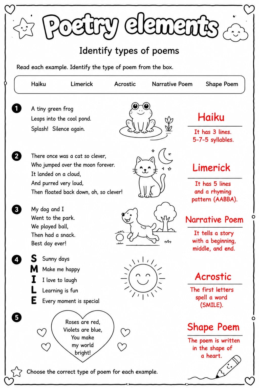 Answer key for Identify types of poems — free printable English & Reading worksheet