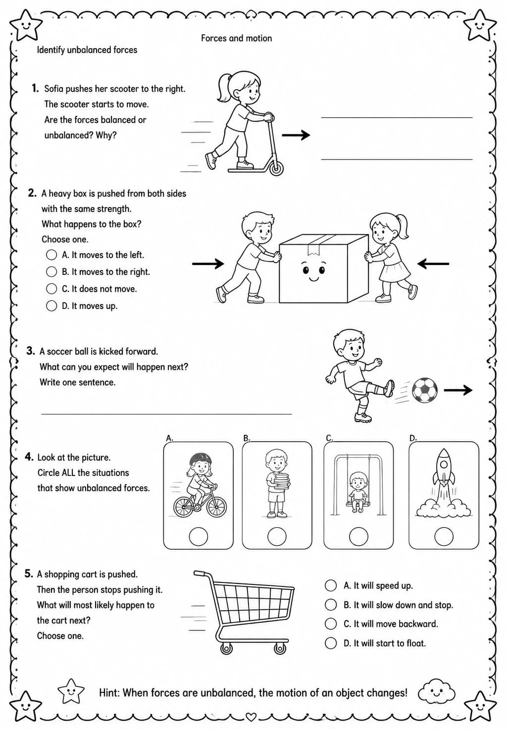 Identify unbalanced forces — free printable Grade 3 Science worksheet