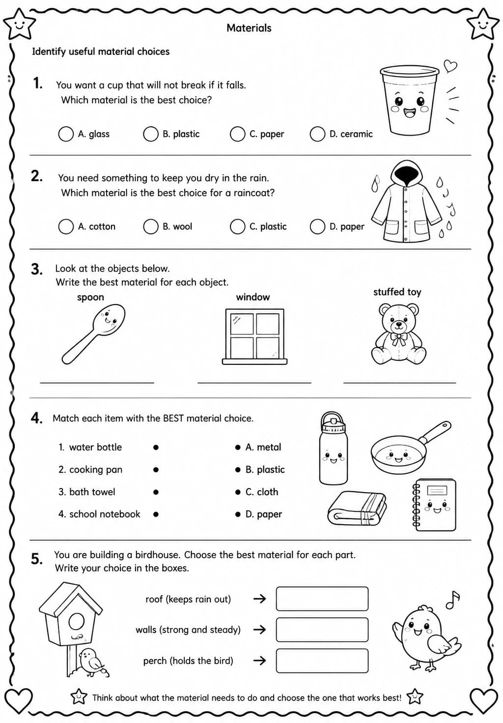 Identify useful material choices — free printable Grade 2 Science worksheet