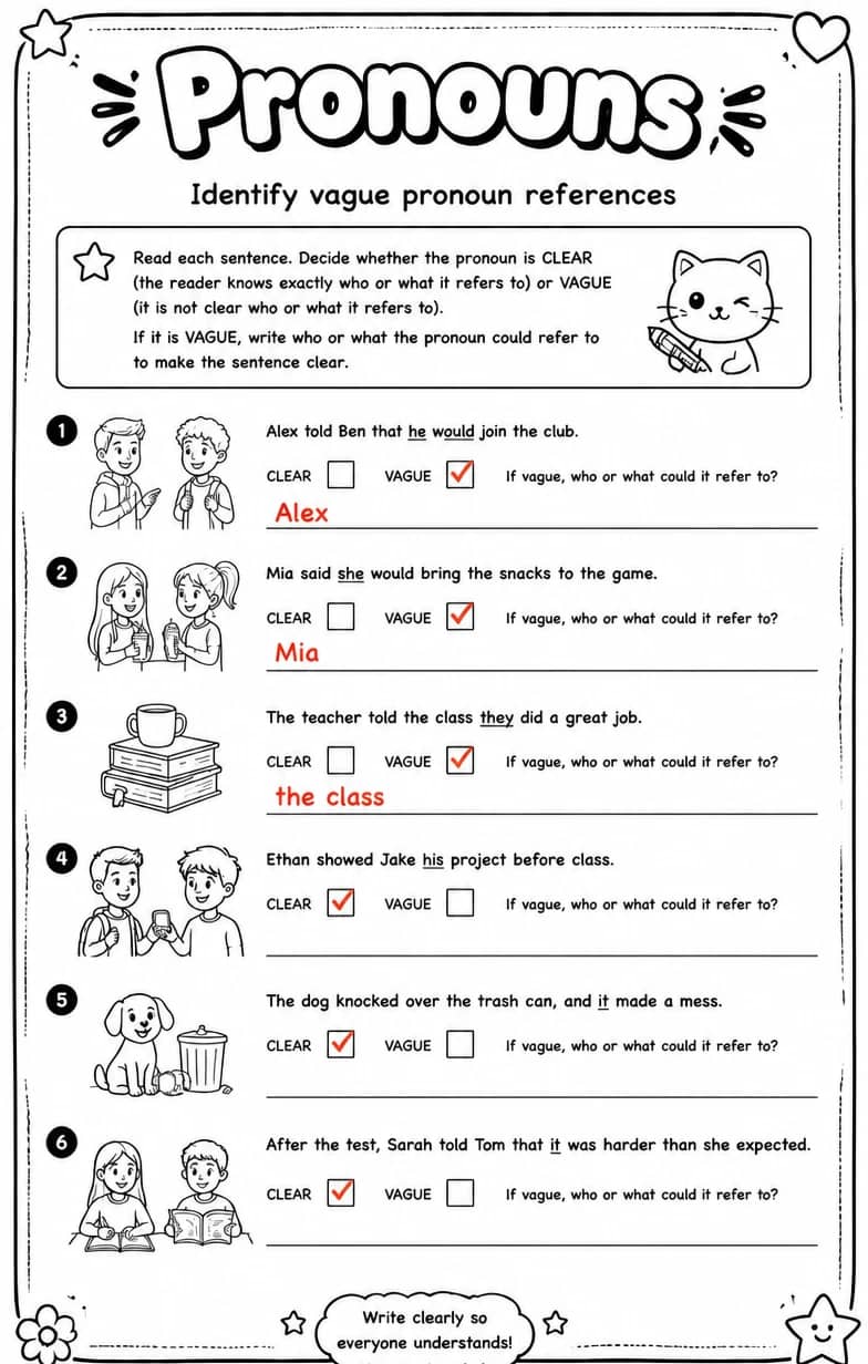 Answer key for Identify vague pronoun references — free printable English & Reading worksheet