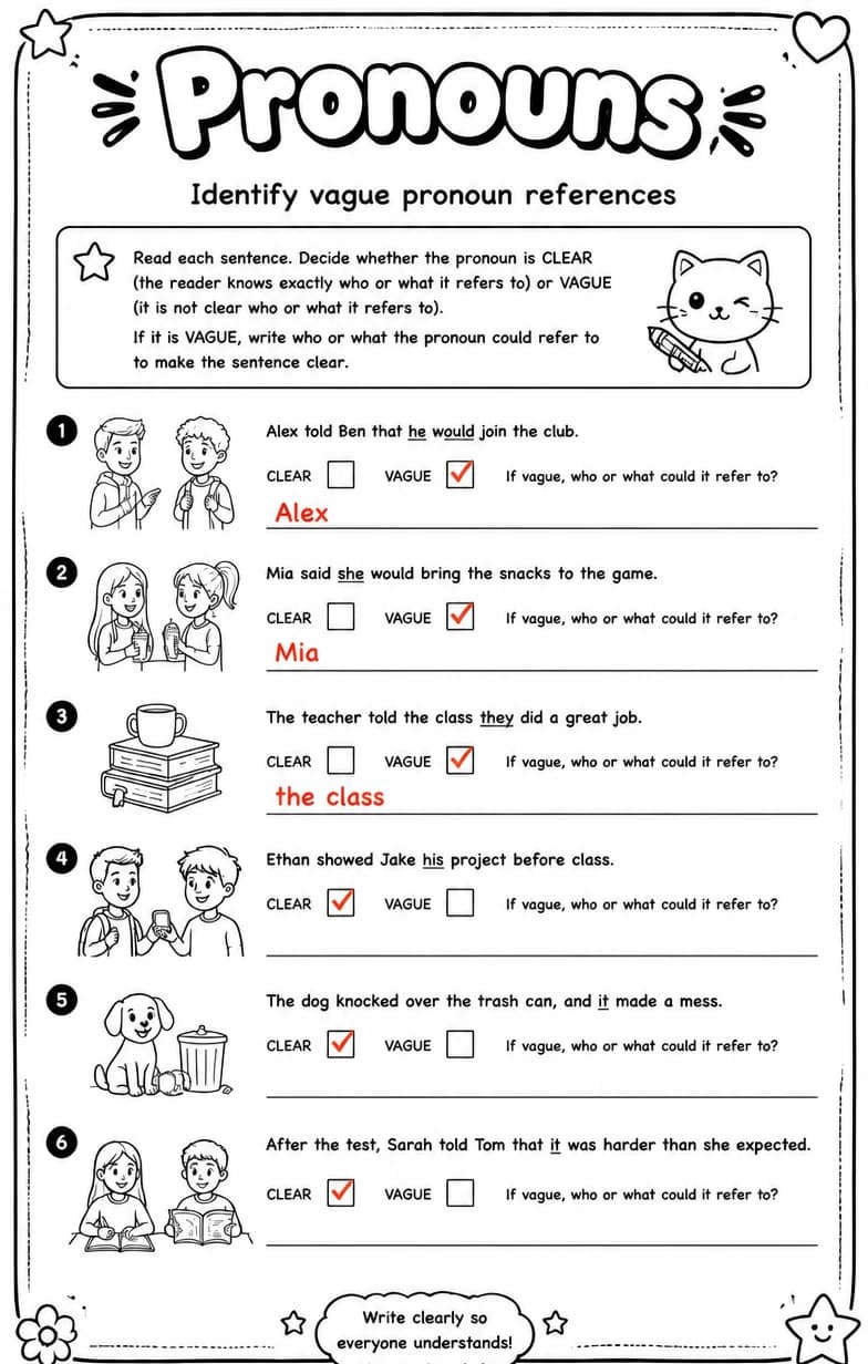 Answer key for Identify vague pronoun references — free printable English & Reading worksheet