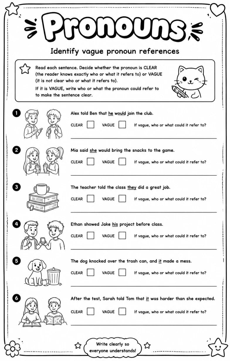 Identify vague pronoun references — free printable Grammar and mechanics English worksheet