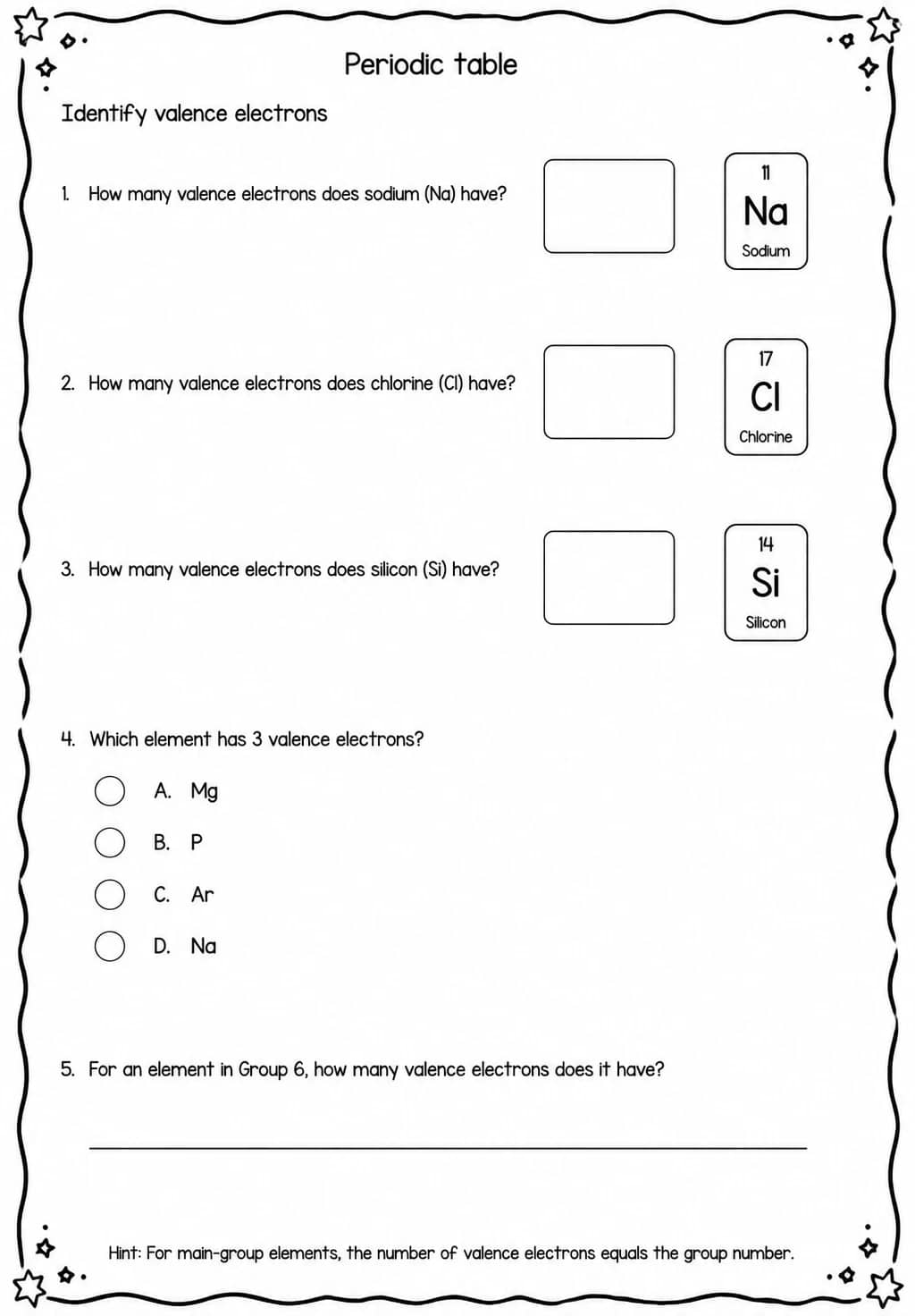 Identify valence electrons — free printable High School Science worksheet