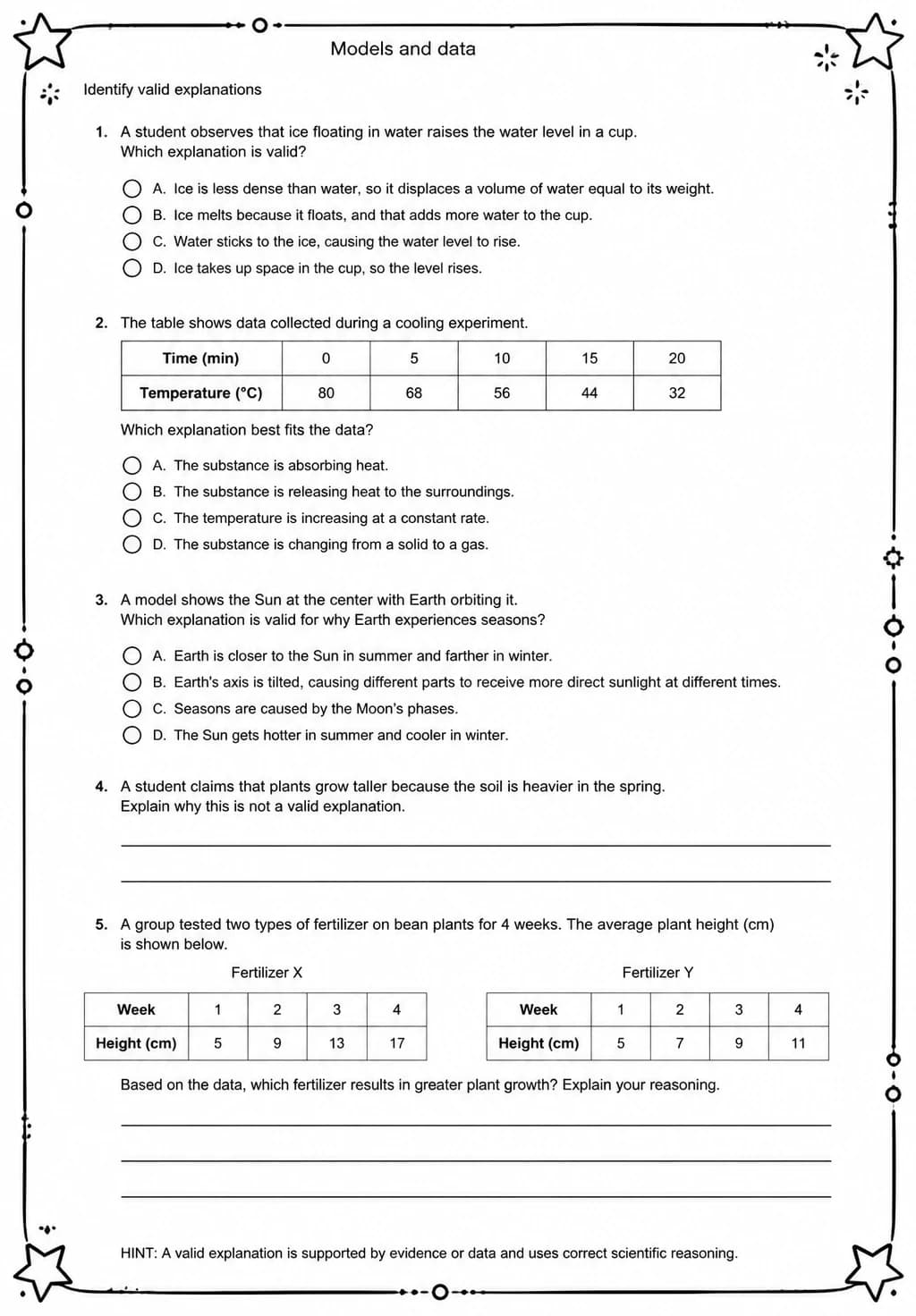 Identify valid explanations — free printable Middle School Science worksheet