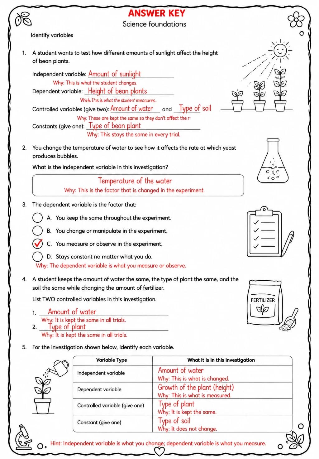 Answer key for Identify variables — free printable Science worksheet