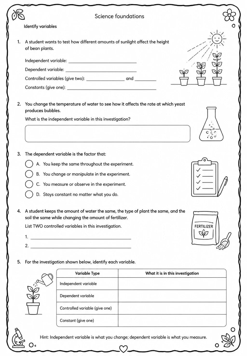 Identify variables — free printable High School Science worksheet