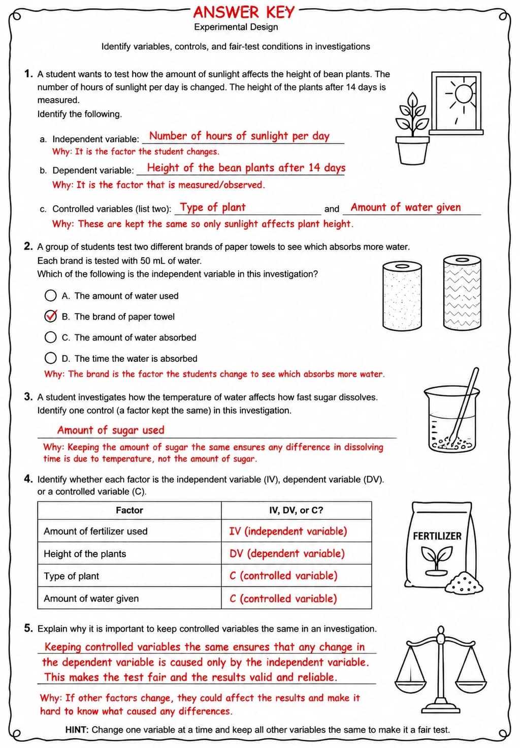 Answer key for Identify variables, controls, and fair-test conditions in investigations — free printable Science worksheet