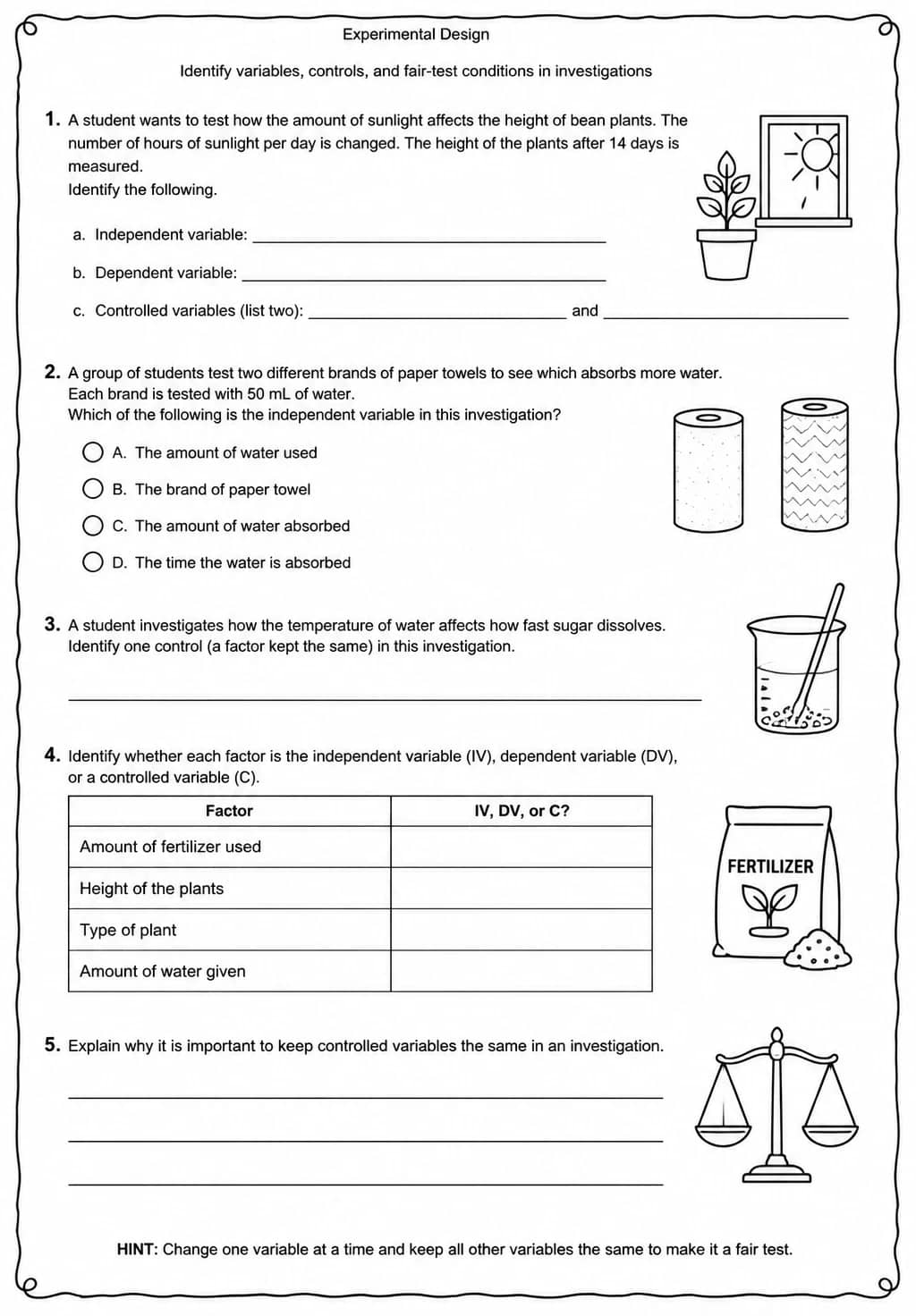 Identify variables, controls, and fair-test conditions in investigations — free printable High School Science worksheet