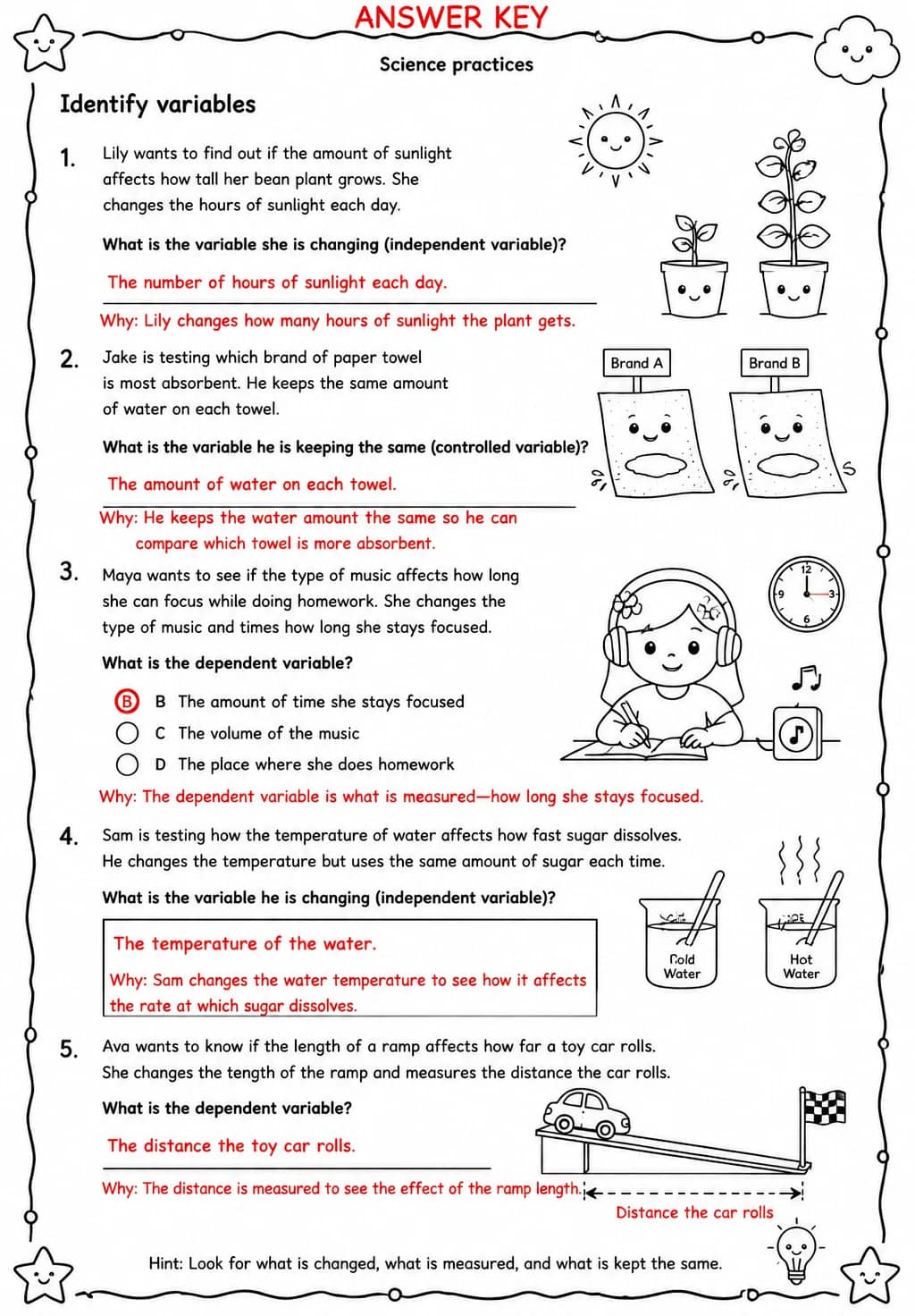 Answer key for Identify variables — free printable Science worksheet