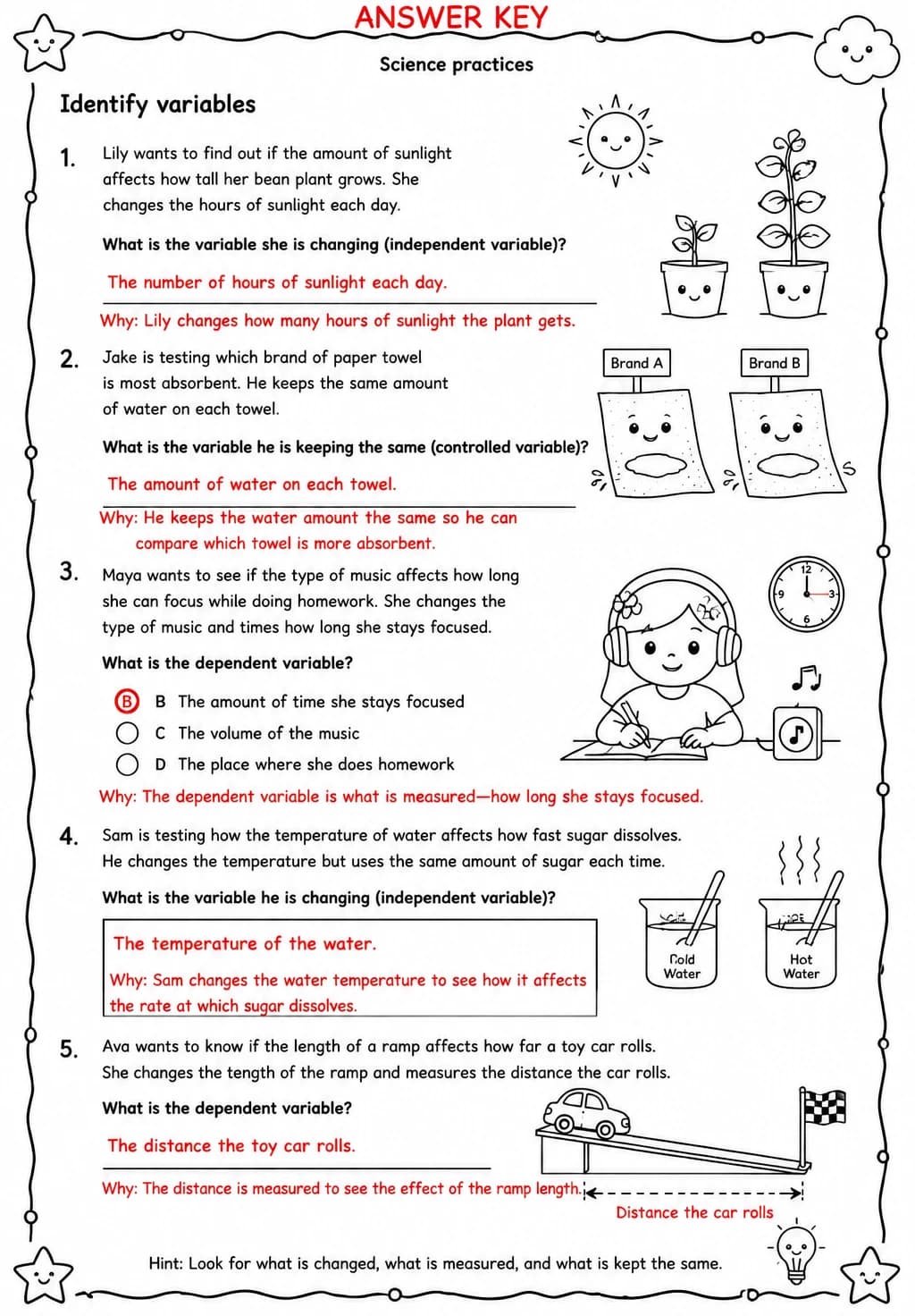 Answer key for Identify variables — free printable Science worksheet
