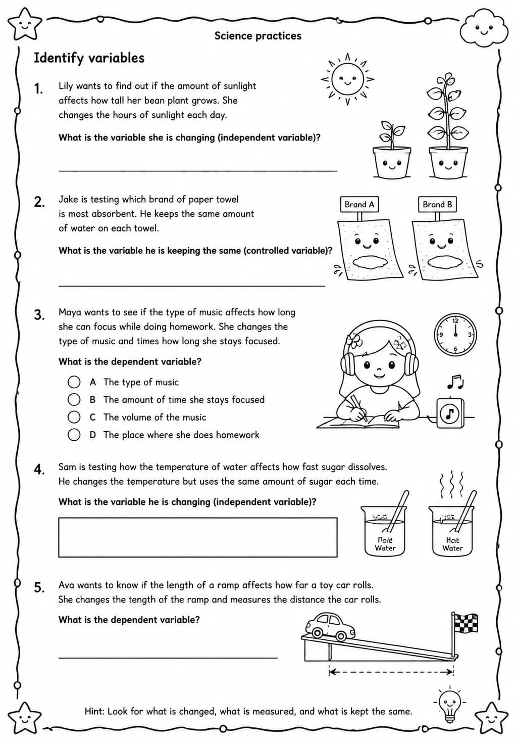 Identify variables — free printable Grade 4 Science worksheet