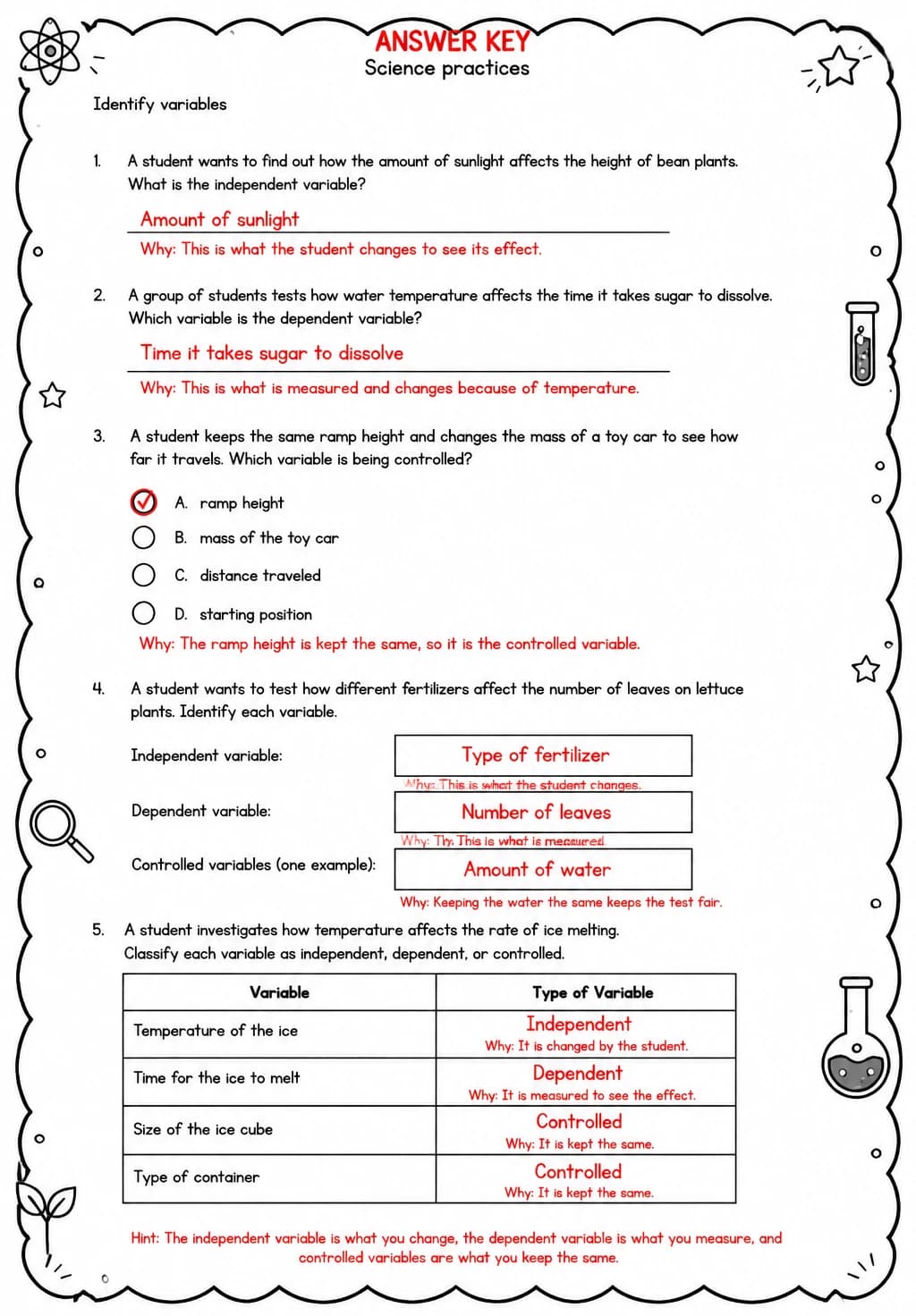 Answer key for Identify variables — free printable Science worksheet