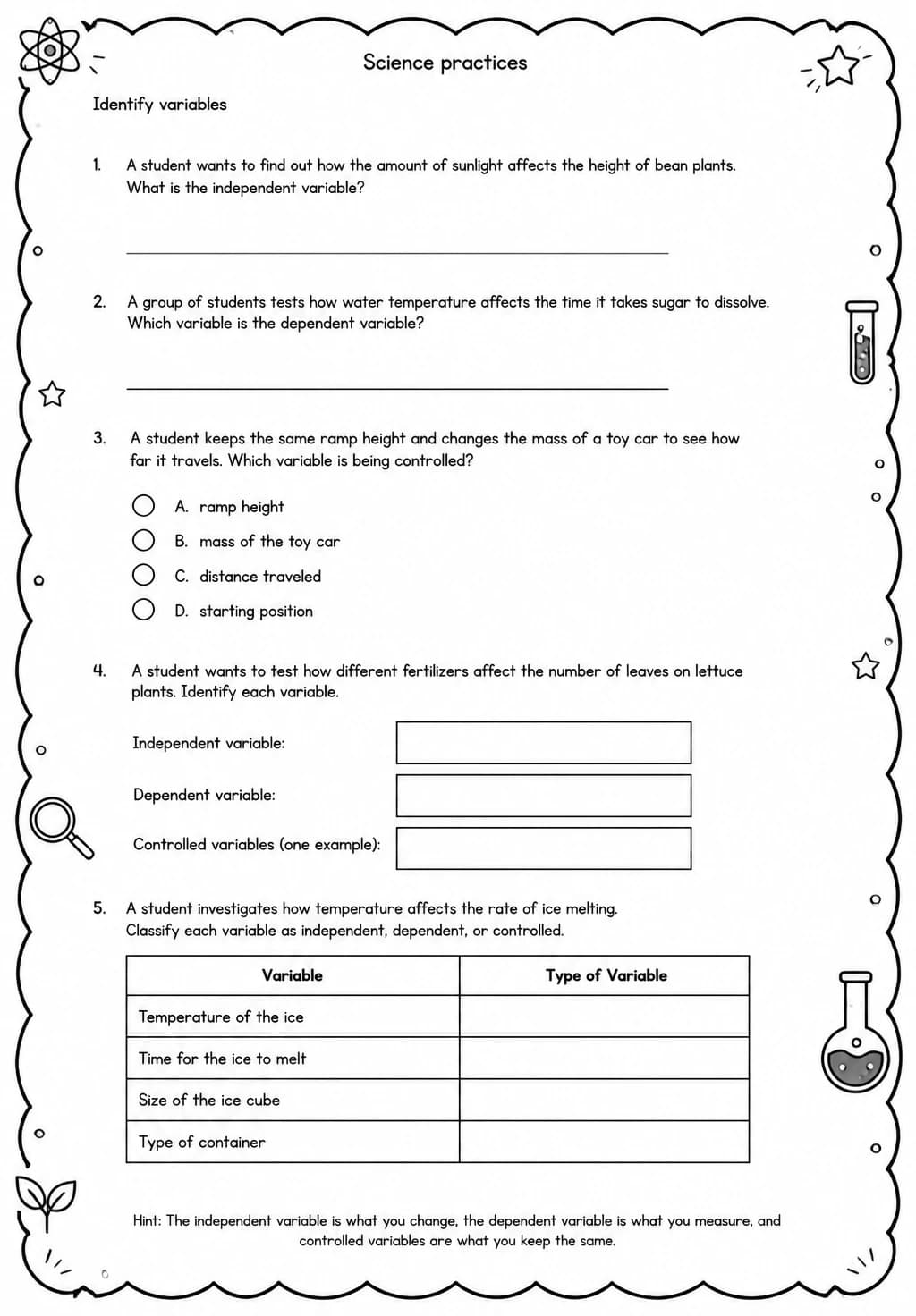 Identify variables — free printable Middle School Science worksheet