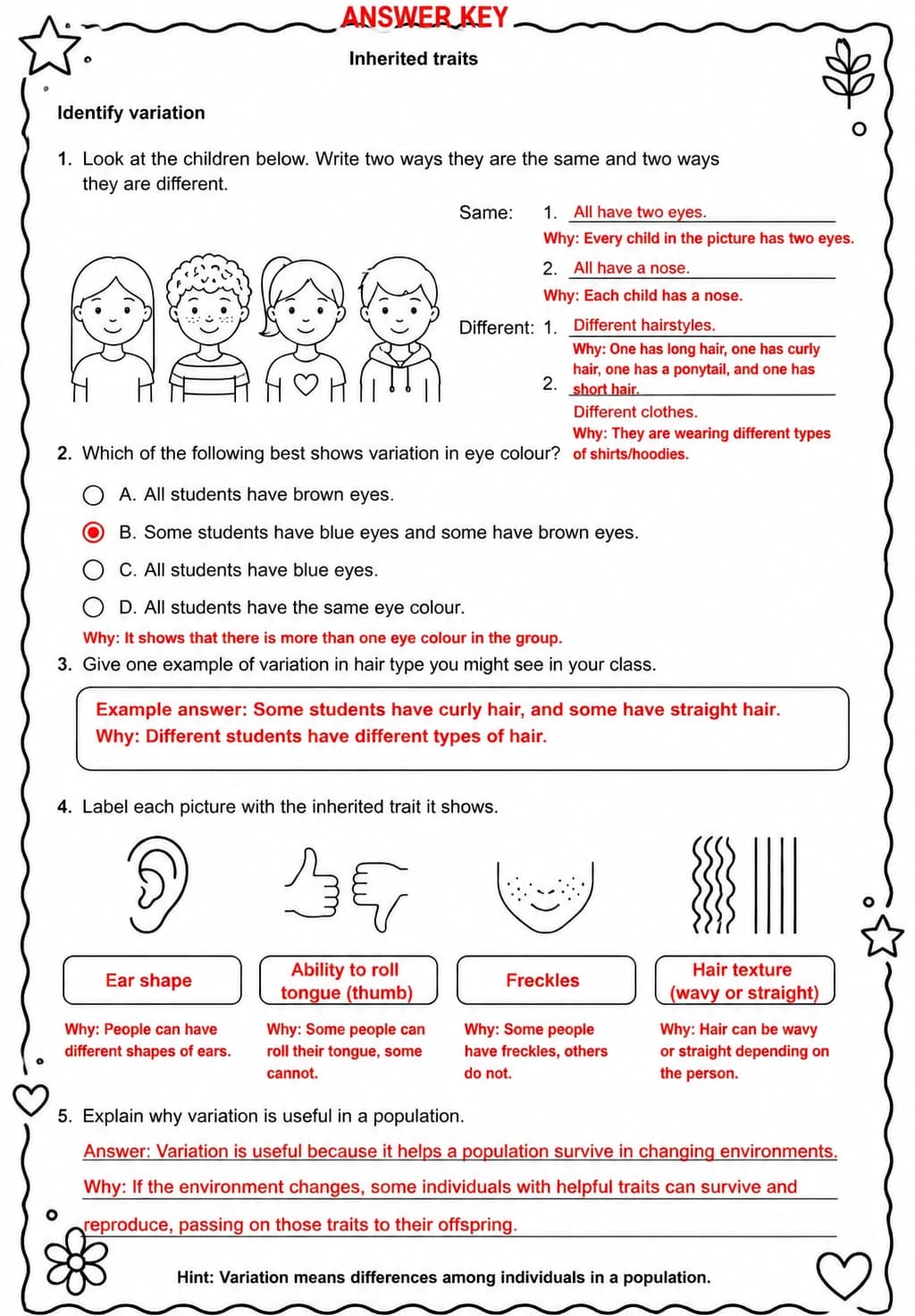 Answer key for Identify variation — free printable Science worksheet