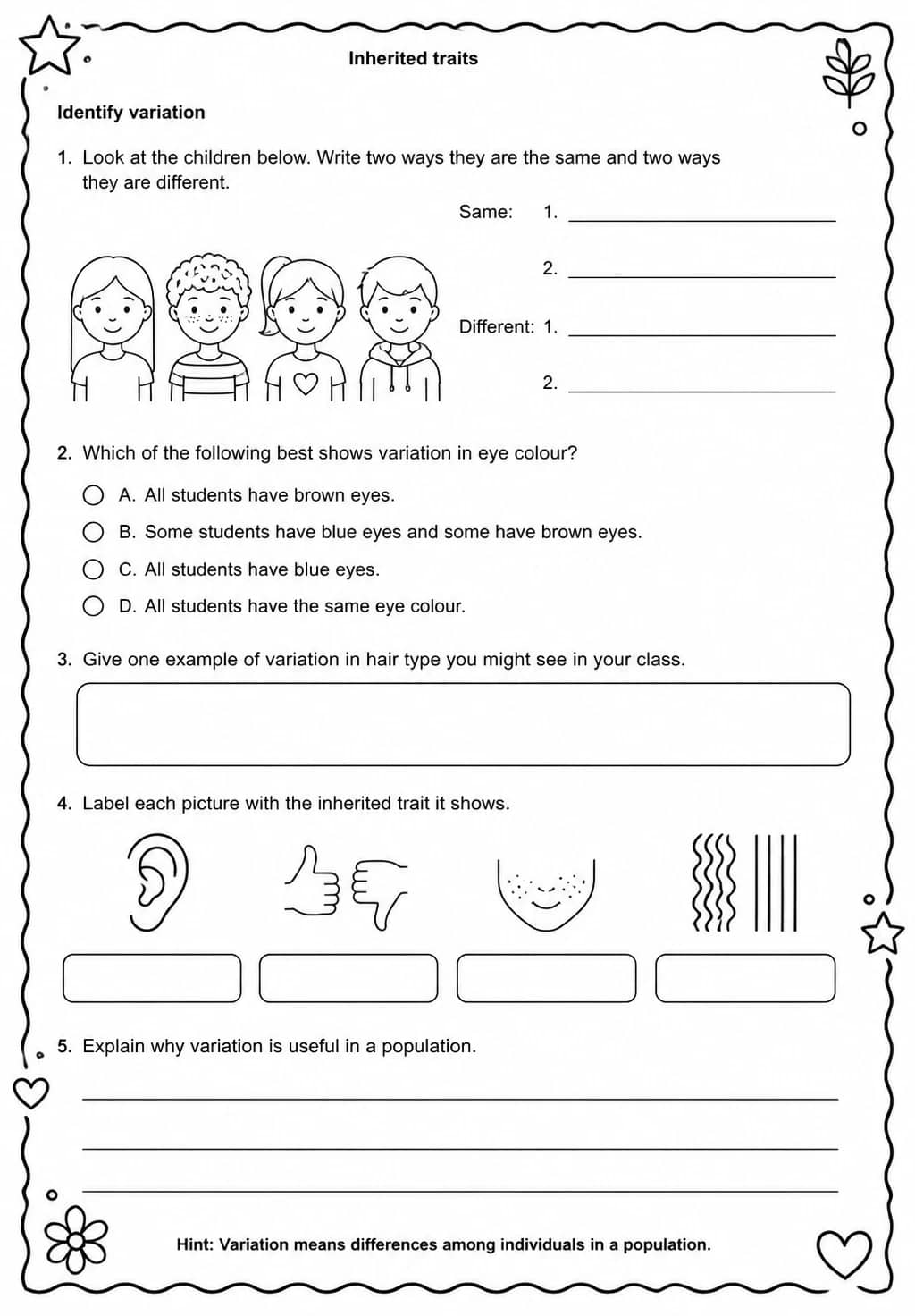 Identify variation — free printable Grade 5 Science worksheet