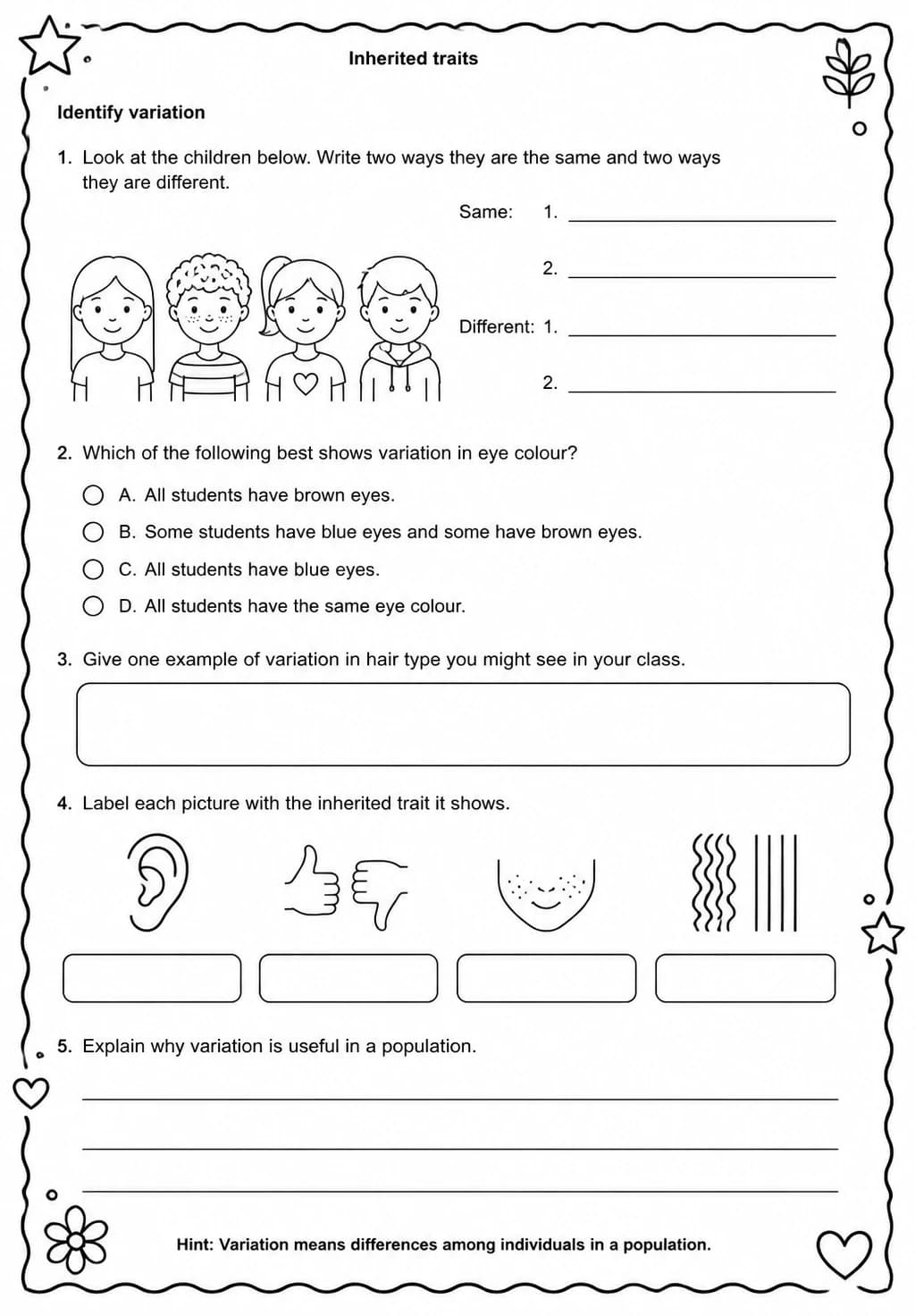 Identify variation — free printable Grade 5 Science worksheet