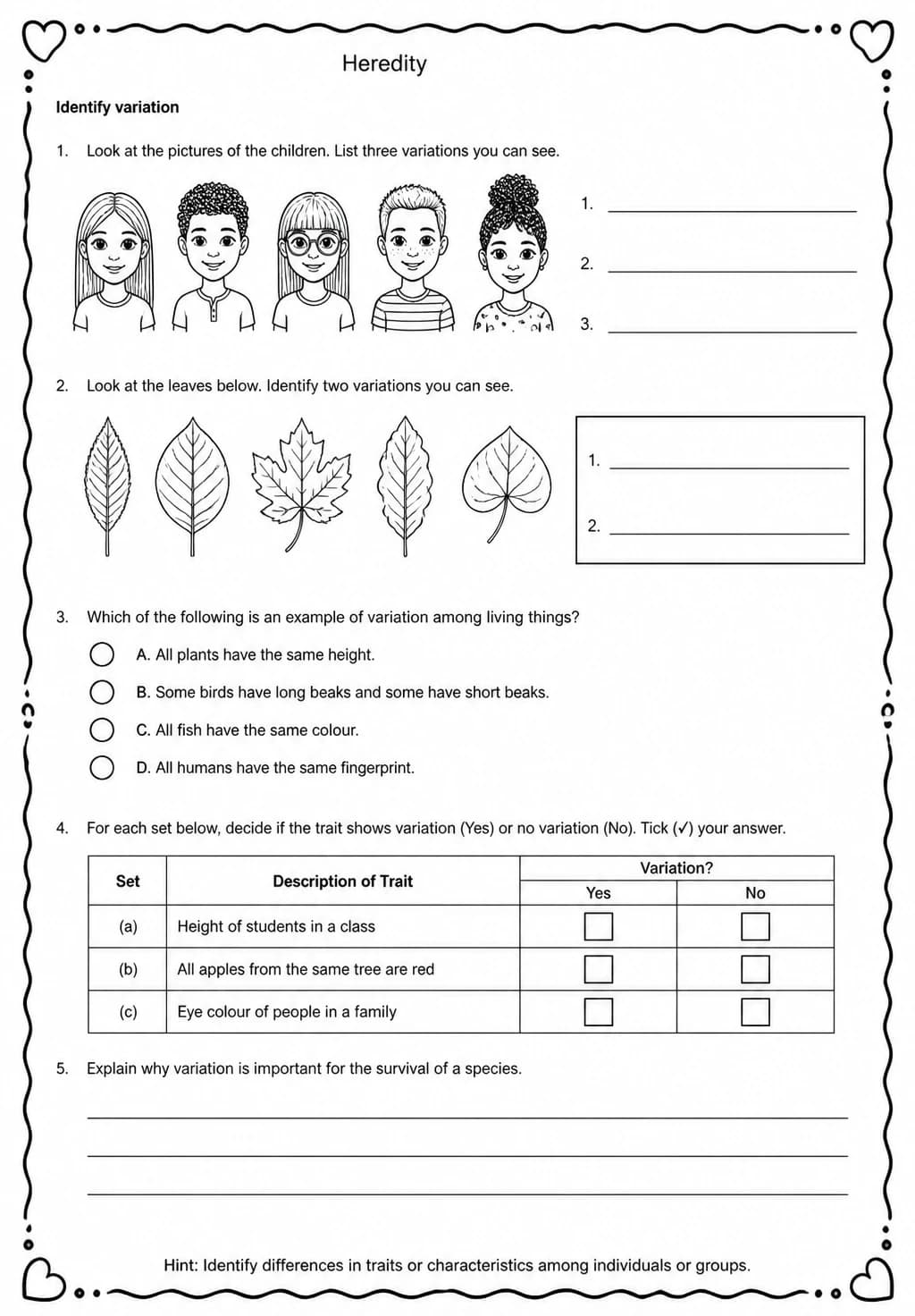Identify variation — free printable Middle School Science worksheet