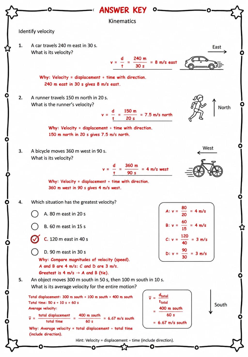 Answer key for Identify velocity — free printable Science worksheet