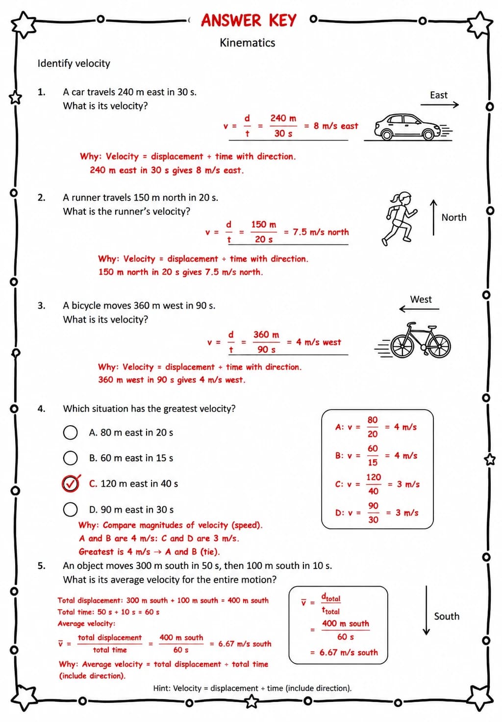 Answer key for Identify velocity — free printable Science worksheet