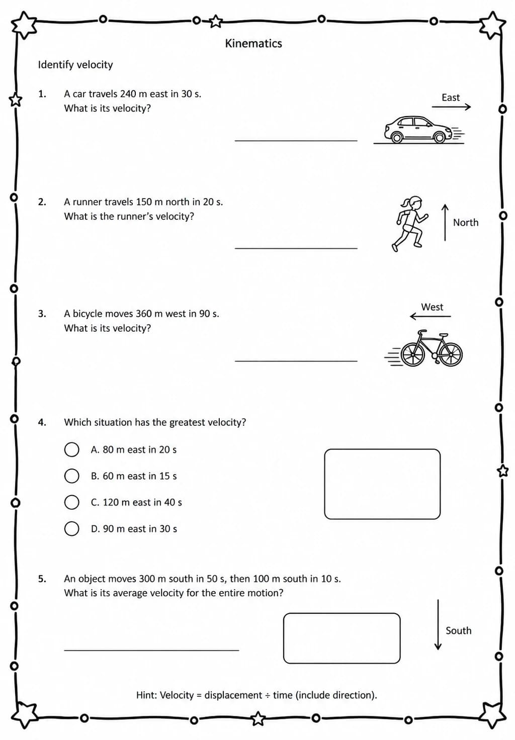 Identify velocity — free printable High School Science worksheet