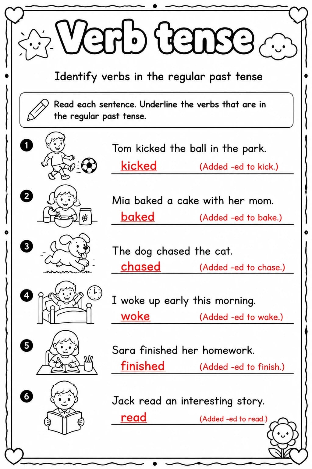 Answer key for Identify verbs in the regular past tense — free printable English & Reading worksheet