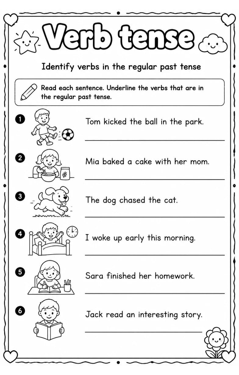 Identify verbs in the regular past tense — free printable Grade 2 English & Reading worksheet