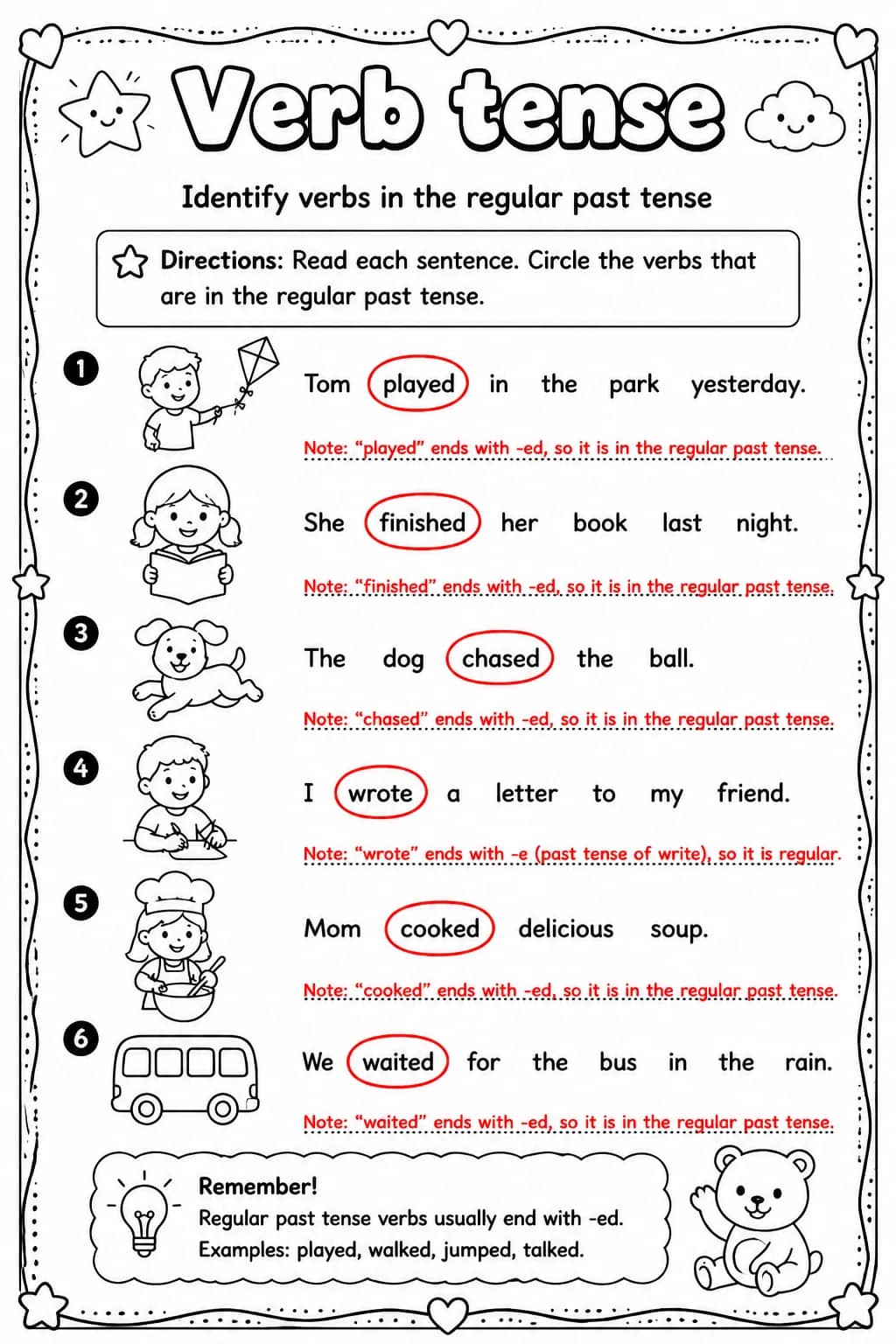 Answer key for Identify verbs in the regular past tense — free printable English & Reading worksheet