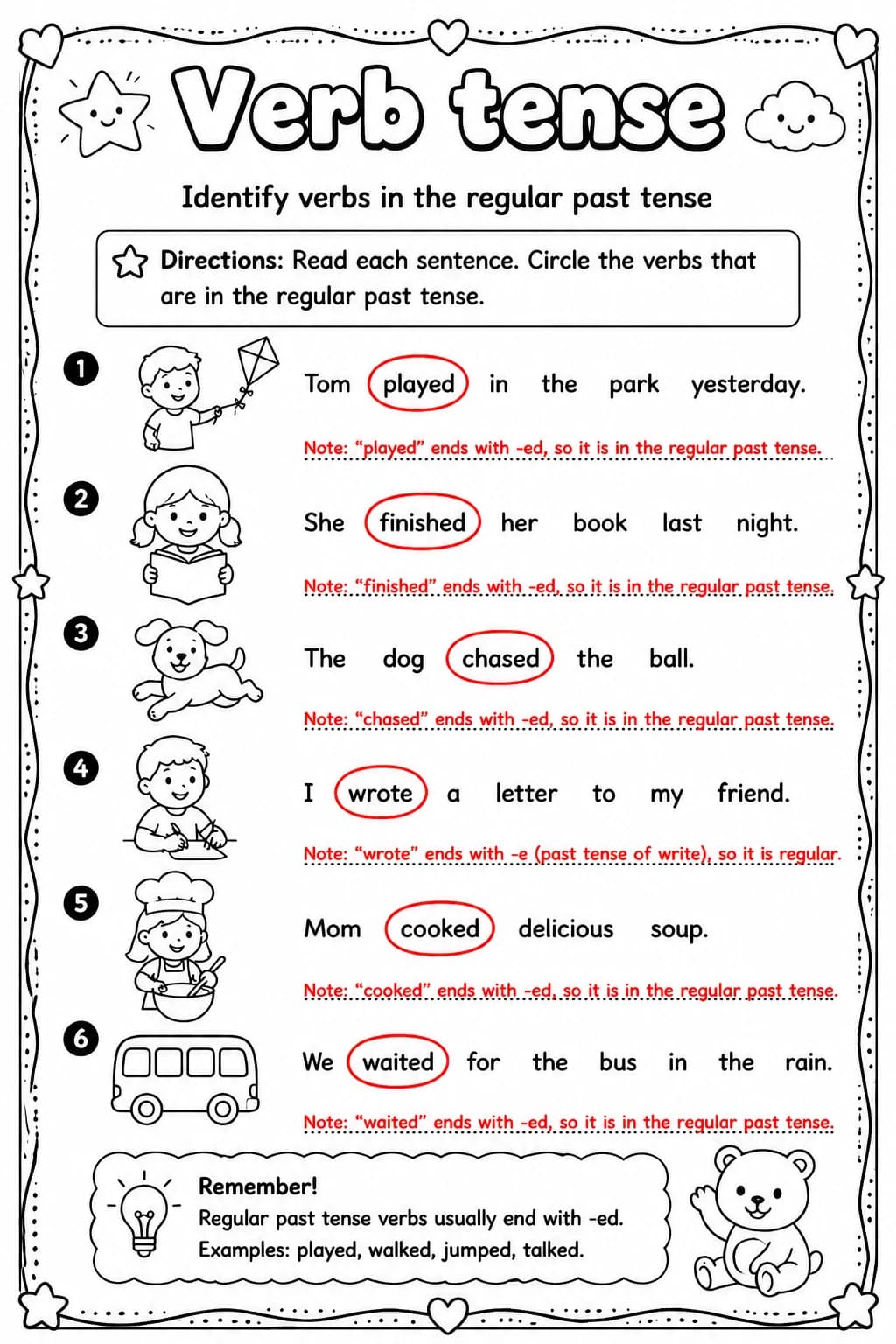 Answer key for Identify verbs in the regular past tense — free printable English & Reading worksheet