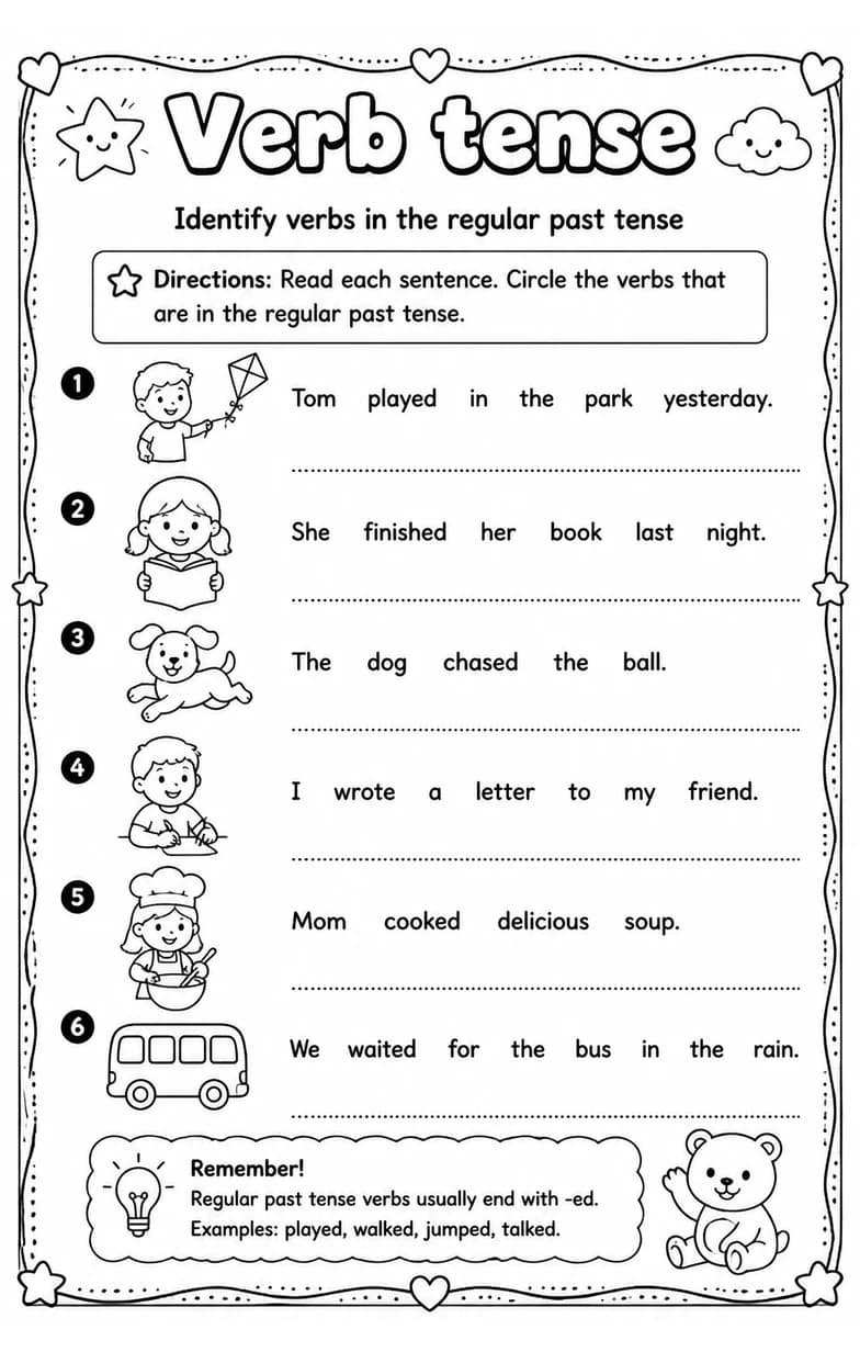 Identify verbs in the regular past tense — free printable Grammar and mechanics English worksheet