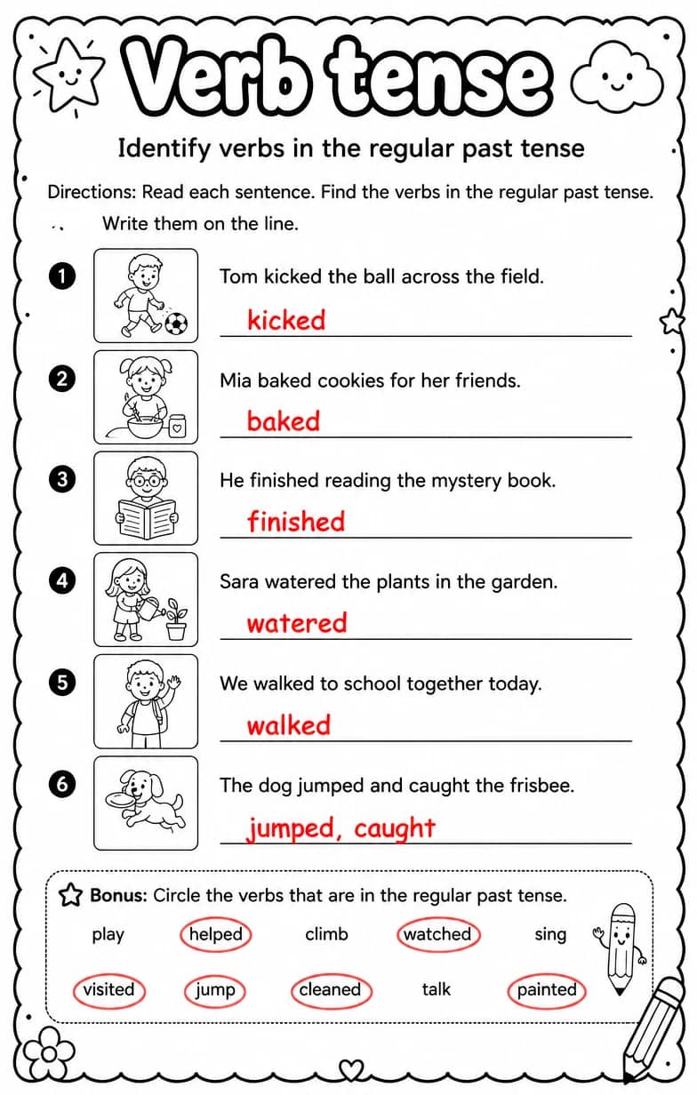 Answer key for Identify verbs in the regular past tense — free printable English & Reading worksheet