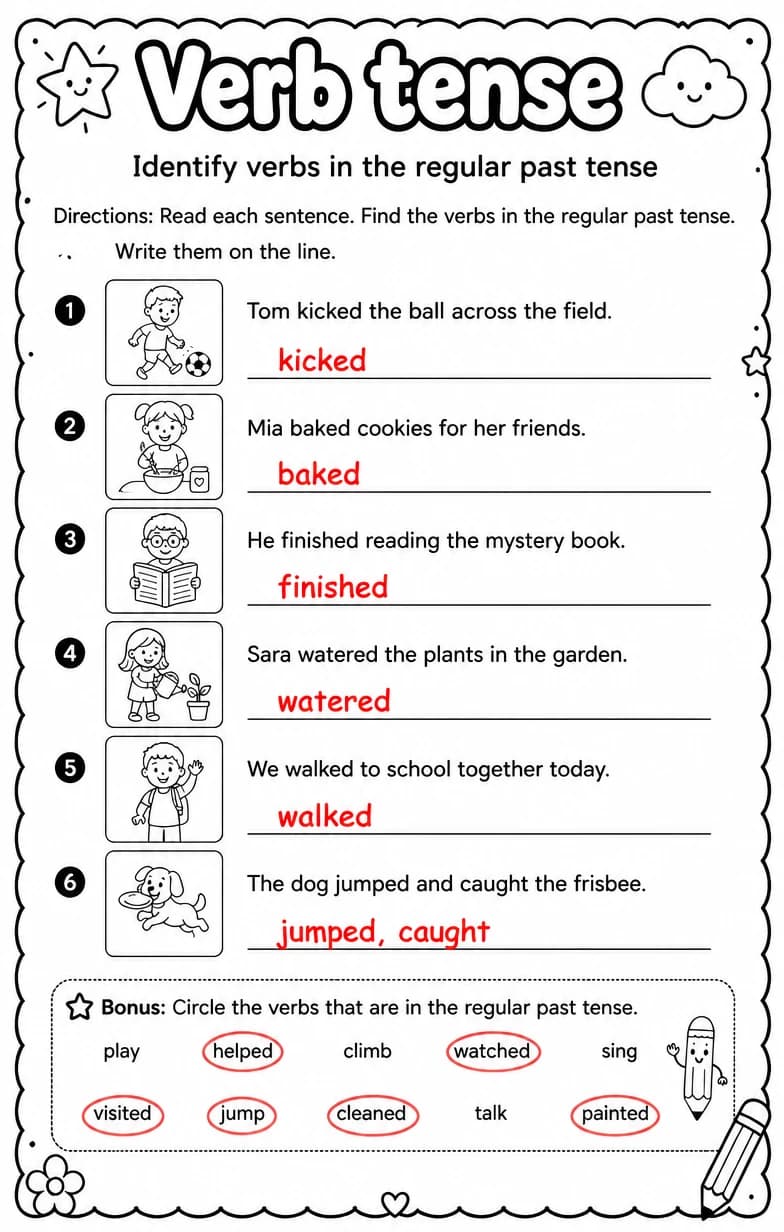 Answer key for Identify verbs in the regular past tense — free printable English & Reading worksheet