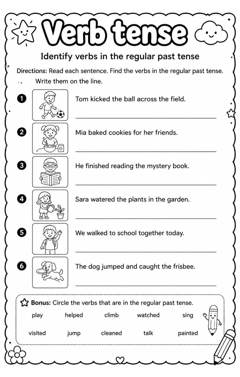 Identify verbs in the regular past tense — free printable Grammar and mechanics English worksheet