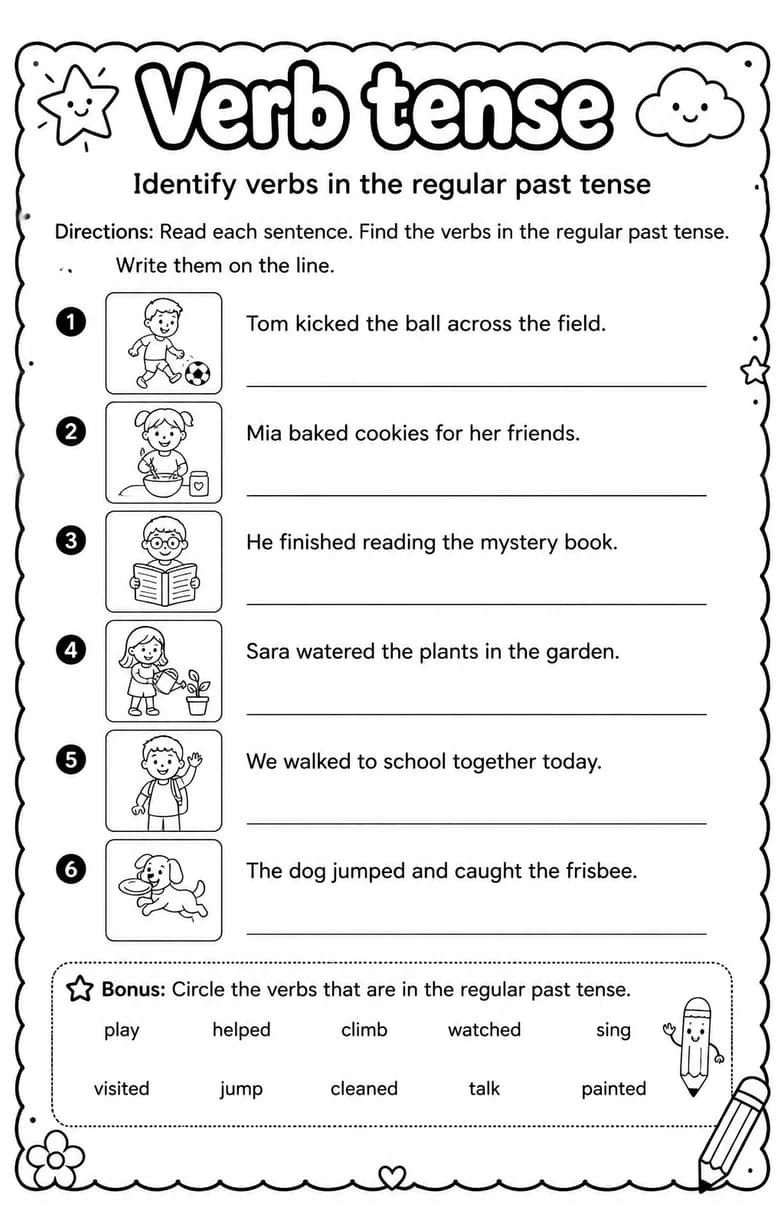 Identify verbs in the regular past tense — free printable Grammar and mechanics English worksheet