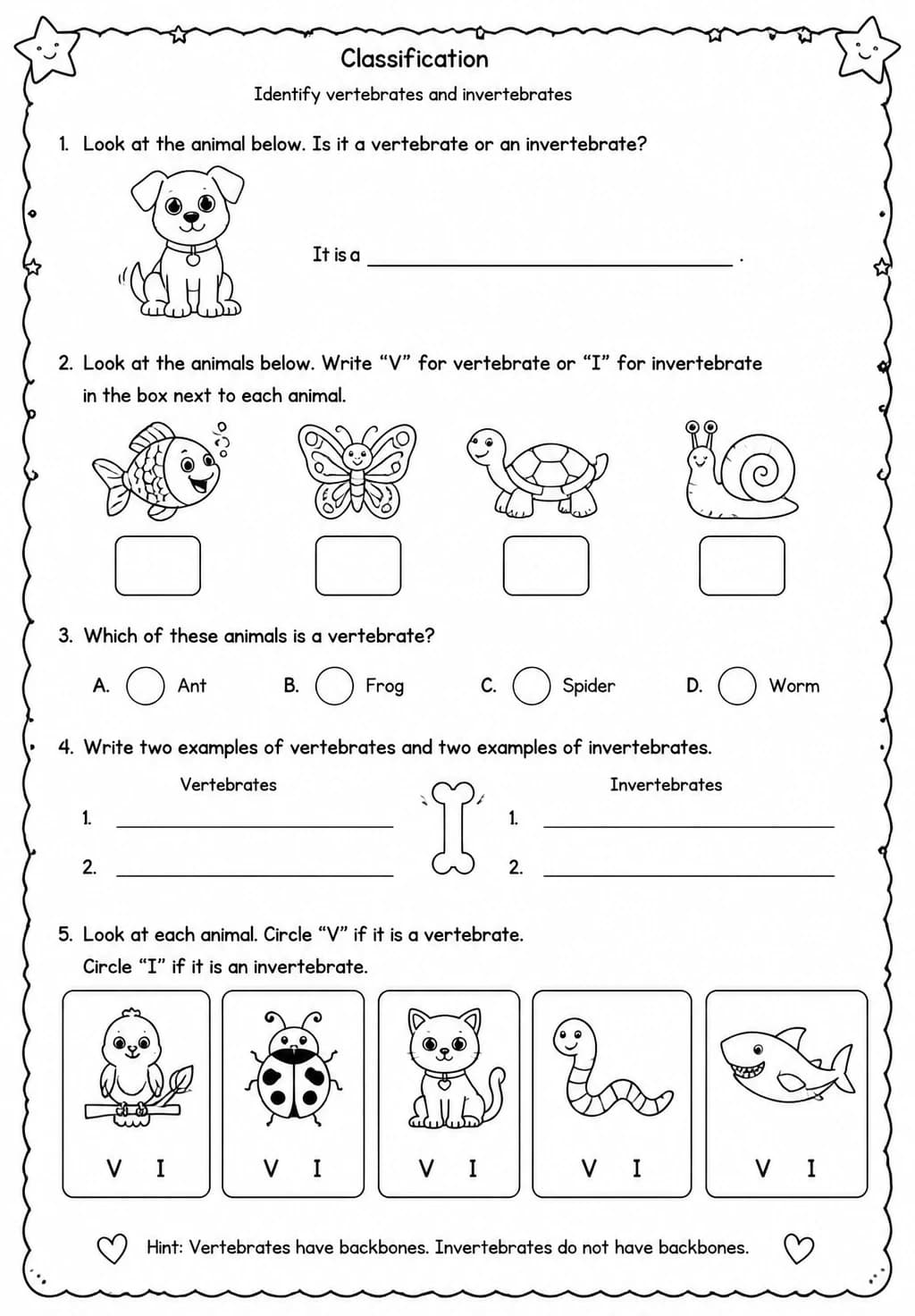 Identify vertebrates and invertebrates — free printable Grade 2 Science worksheet