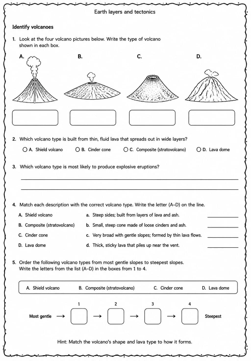 Identify volcanoes — free printable Middle School Science worksheet