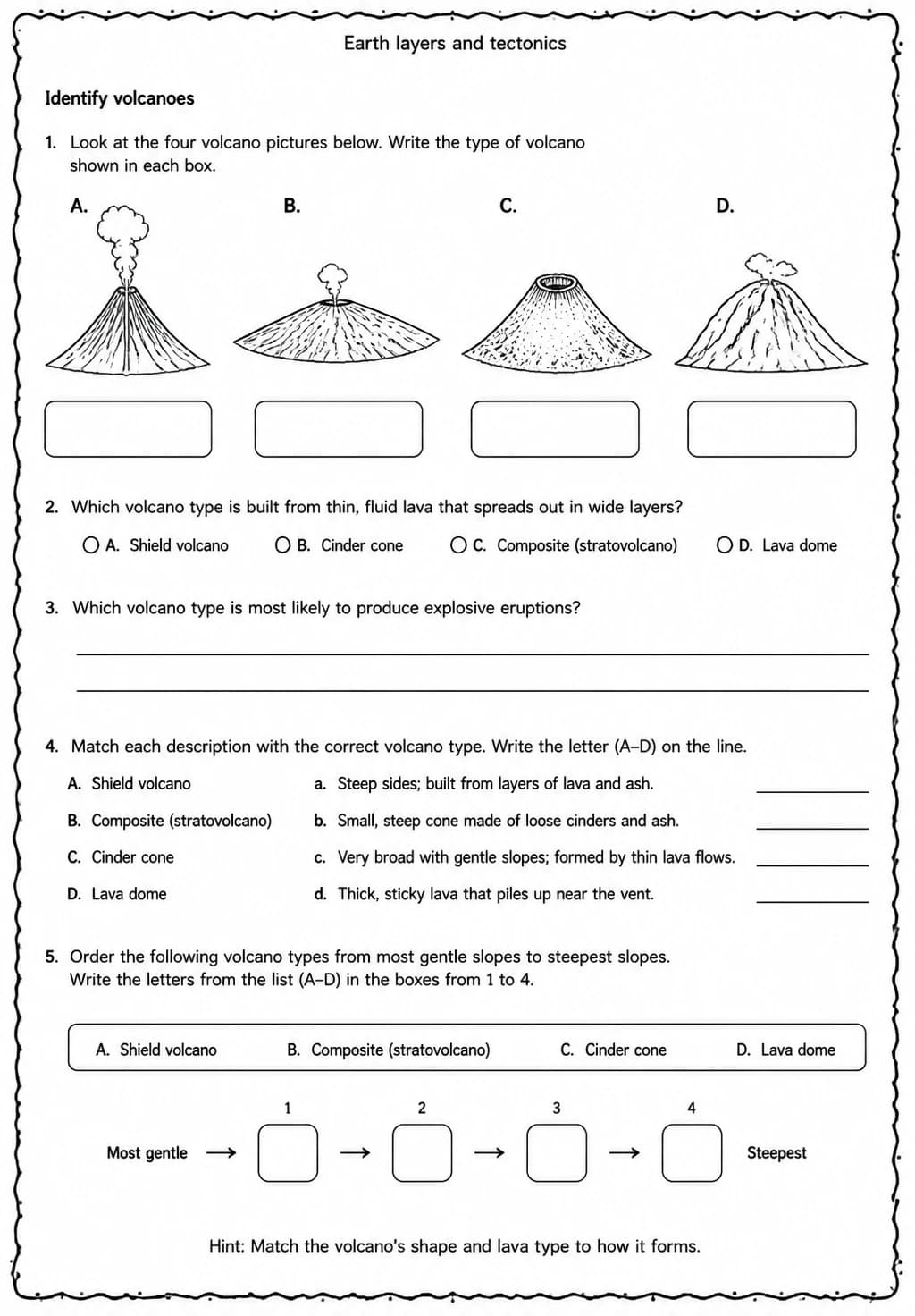 Identify volcanoes — free printable Middle School Science worksheet