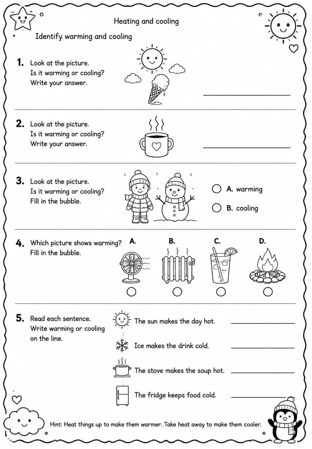 Identify warming and cooling — free printable Grade 1 Science worksheet